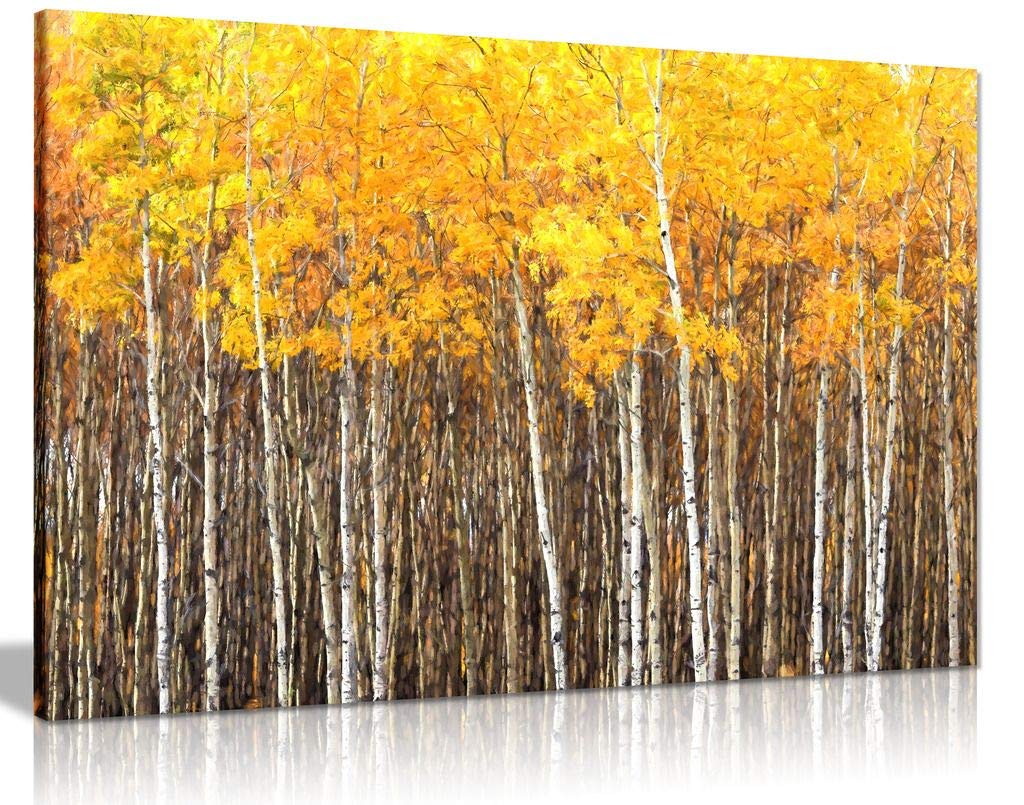 Yellow Grey Aspen Trees Forest Nature Oil Painting Canvas Wall Art Print (24x16) - Perfect for Living Room, Bedroom & Office Decor