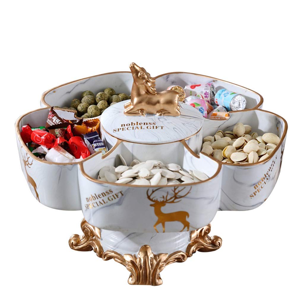 European-Style Rotating Dried Fruit Tray with Lid - 3-Tier Compartment Candy Dish for Coffee Table Decor, Living Room & Dining Room Snack Serving Platter