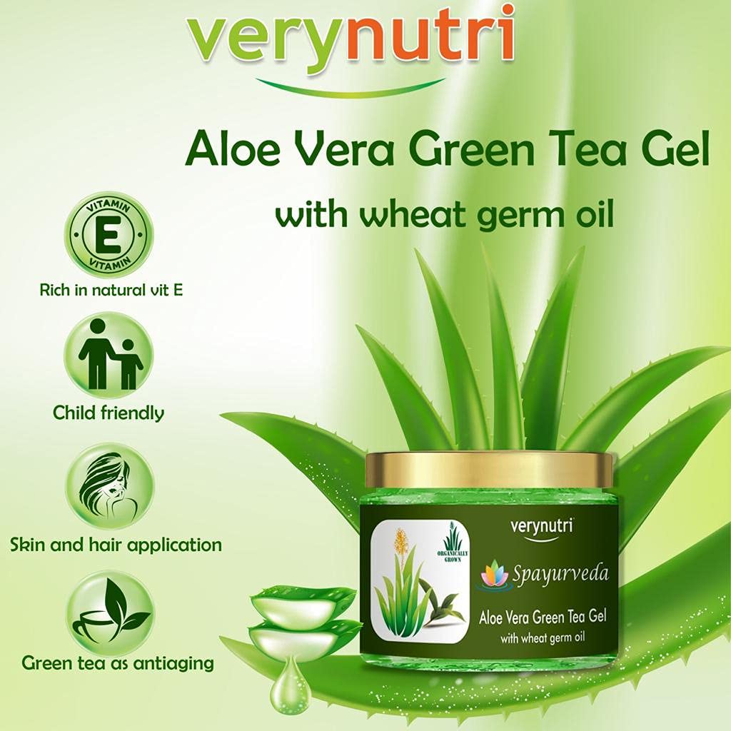 Verynutri Aloe Vera Skin Gel with Green Tea & Wheat Germ Oil - 200g Paraben Free & Sulfate Free - Soothes Sunburn, Hydrates Dry Skin, Reduces Acne & Skin Irritation
