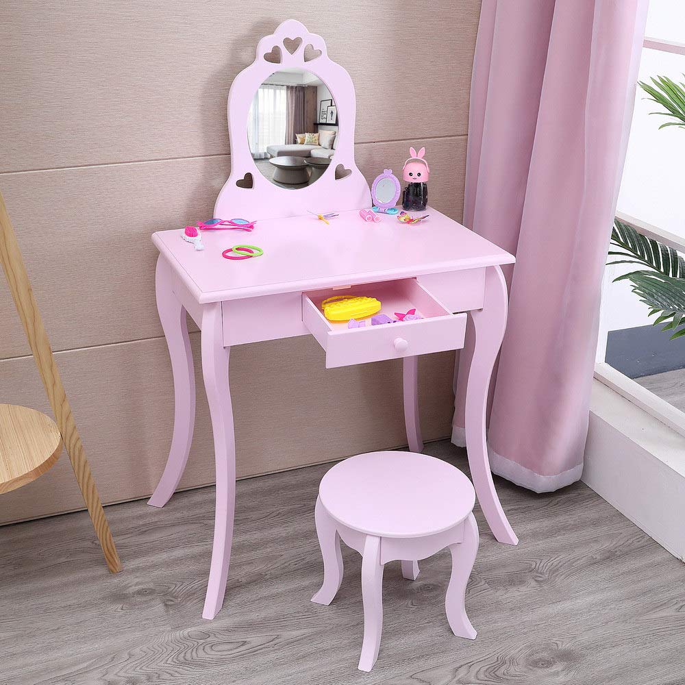 YYAO Kids Makeup Vanity Table Set with Mirror & Stool - Purple Wooden Dressing Table with Storage Drawer for Girls Bedroom, Birthday Gift, Pretend Play & Princess Room Decor