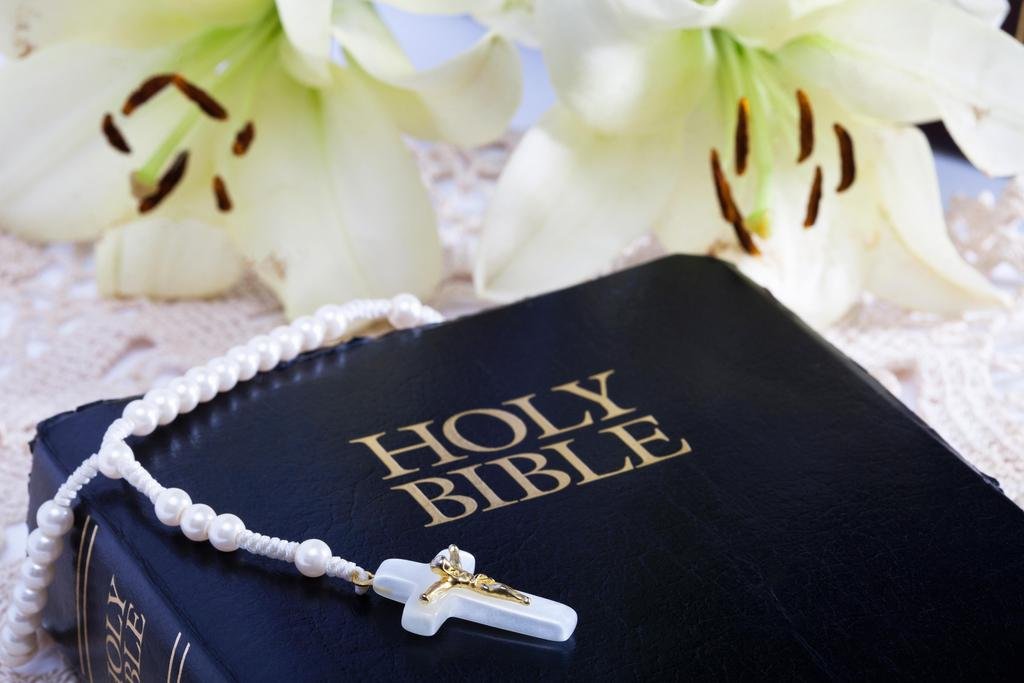 Easter Lilies Rosary on Bible - Religious Wall Art Decor Print Poster 24x16 - Perfect for Home, Church & Easter Decorations