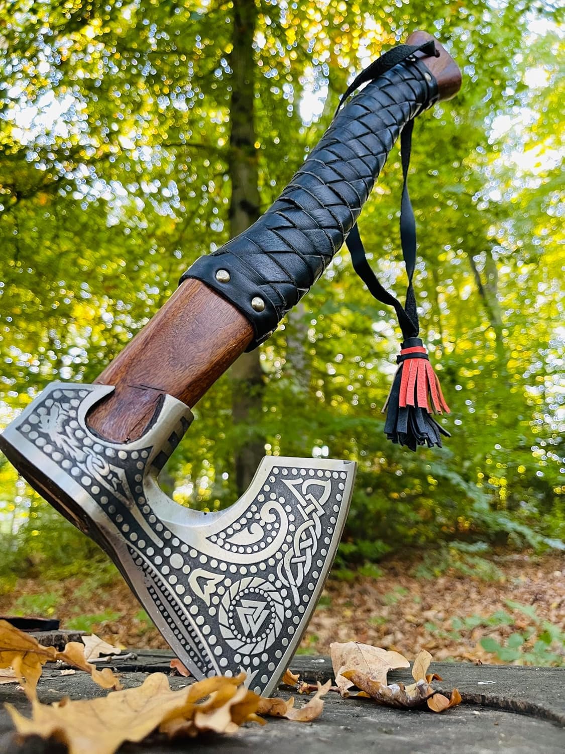 Handmade Viking Axe - High Carbon Steel Forged Tomahawk Bearded Axe for Throwing & Wood Chopping - Norse Warrior Gift for Men - Camping, Survival & Outdoor Activities - Valknut Design Woodworking Tool