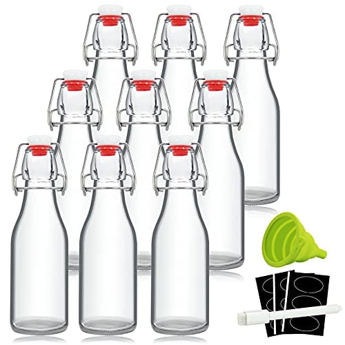 8oz Swing Top Glass Bottles with Airtight Rubber Seal - 9 Pack for Home Brewing, Kombucha, Beer, Beverages, Oil, Vinegar, Water, Soda & Kefir - Perfect for DIY Drinks, Storage & Gifts