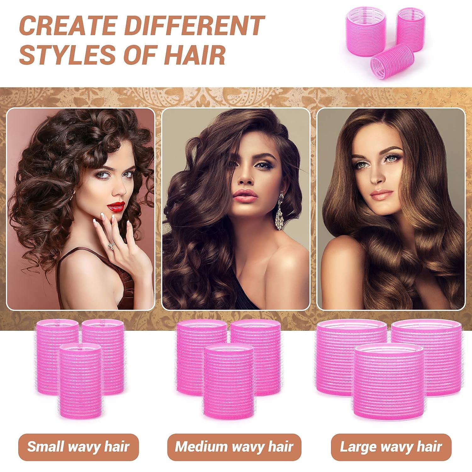 Self Grip Hair Rollers & Heatless Curlers Set - 24 Pcs (3 Sizes: 4 Jumbo, 4 Large, 4 Medium) with 12 Hair Clips for Long/Medium/Short Hair - Yellow & Pink - Perfect for Overnight Styling, Beach Waves & Salon-Quality Curls at Home