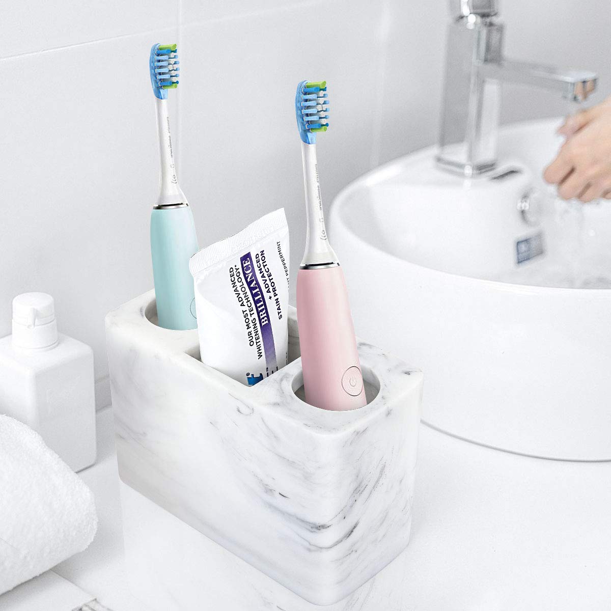 Luxspire Electric Toothbrush Holder with 3 Slots - Large Marble Toothbrush & Toothpaste Stand - Resin Bathroom Organizer for Vanity Counter & Sink - Ink White - Perfect for Modern Bathrooms & Spa-Style Decor