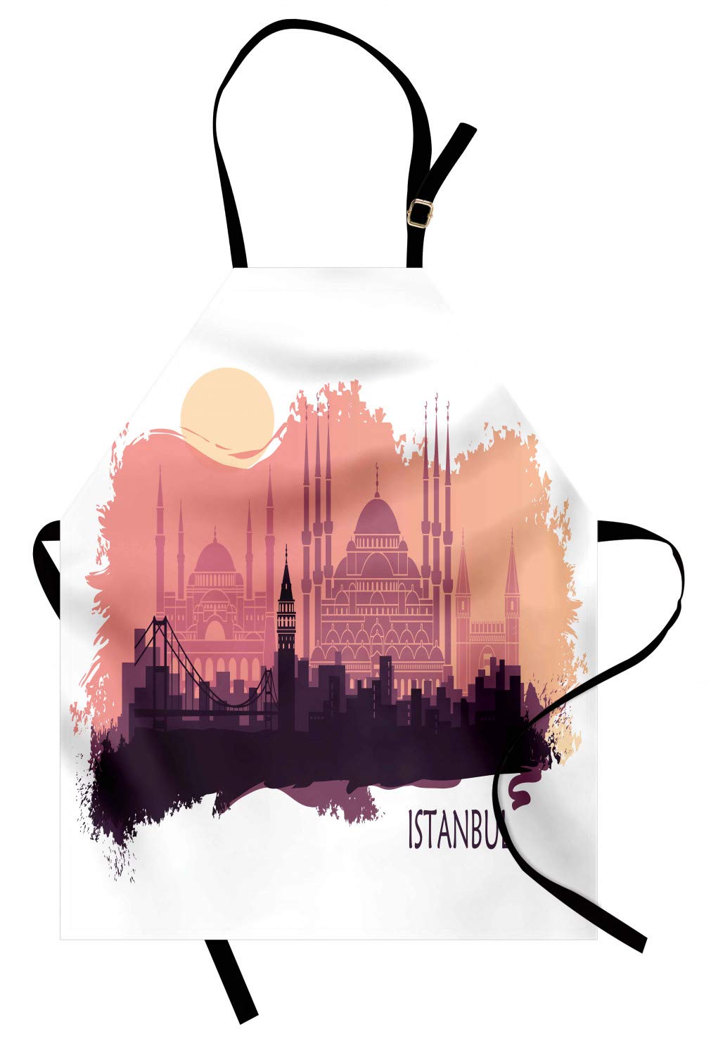 Ambesonne Unisex Travel Apron - Adjustable Neck Turkish City Landscape Design for Cooking, Baking, Gardening | Adult Size Coral Peach | Perfect for Home Chefs, Outdoor BBQs & DIY Enthusiasts
