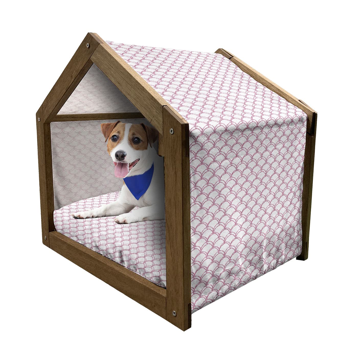 Lunarable Abstract Wooden Pet House - Mermaid Tail Fish Scale Print Dog Kennel with Pillow & Cover, Indoor/Outdoor Portable Dog Bed for Small Medium Dogs (Pink & White) - Perfect for Home, Yard, Travel & Camping