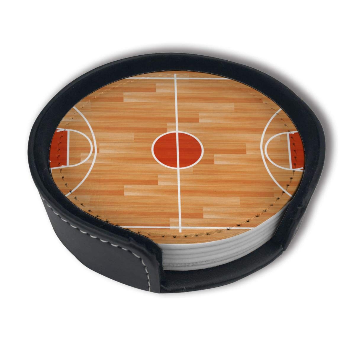 Premium Basketball Court Design Drink Coasters with Holder - Set of 6 Non-Slip Cup Protectors for Beer, Wine & Coffee - Perfect for Game Nights, Sports Bars & Man Cave Decor