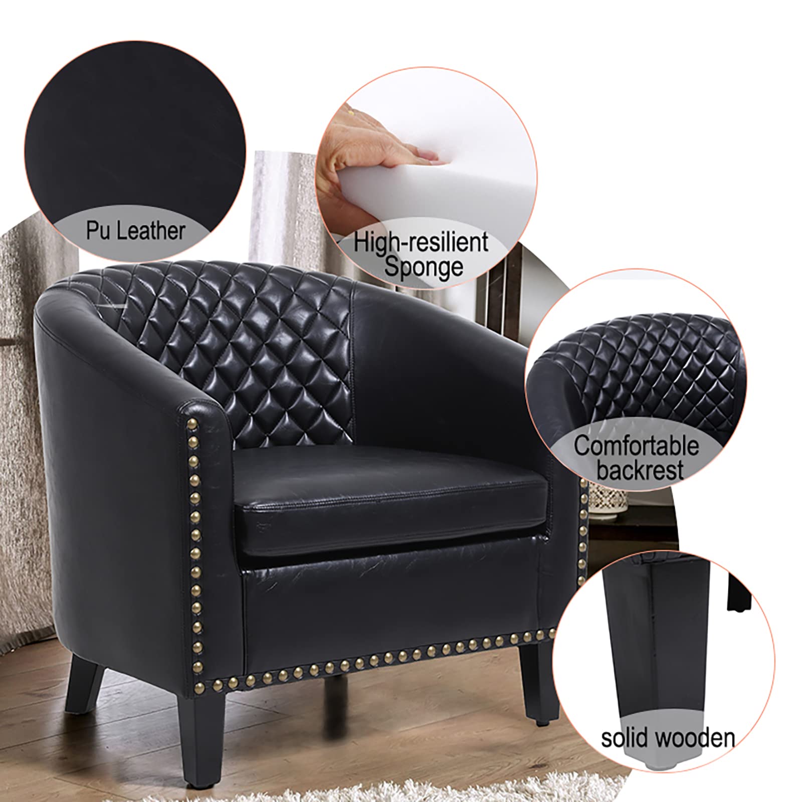 Modern PU Leather Club Chair - Upholstered Barrel Accent Living Room Armchair with Solid Wood Legs & Tufted Back - Comfy Reading Chair for Bedroom, Office or Lounge (Black) - Perfect for Relaxing, Reading & Small Space Decor