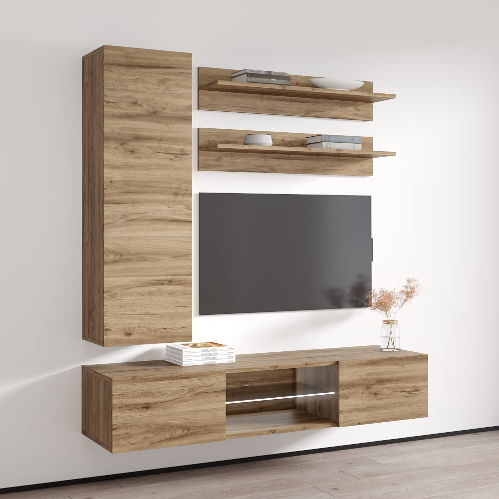 Modern Oak Wall-Mounted TV Stand with Storage Shelves & LED Lights - Floating Entertainment Center for Living Room & Bedroom - Space-Saving H1 33TV Console - Perfect for Small Apartments, Home Theaters, and Modern Interior Design