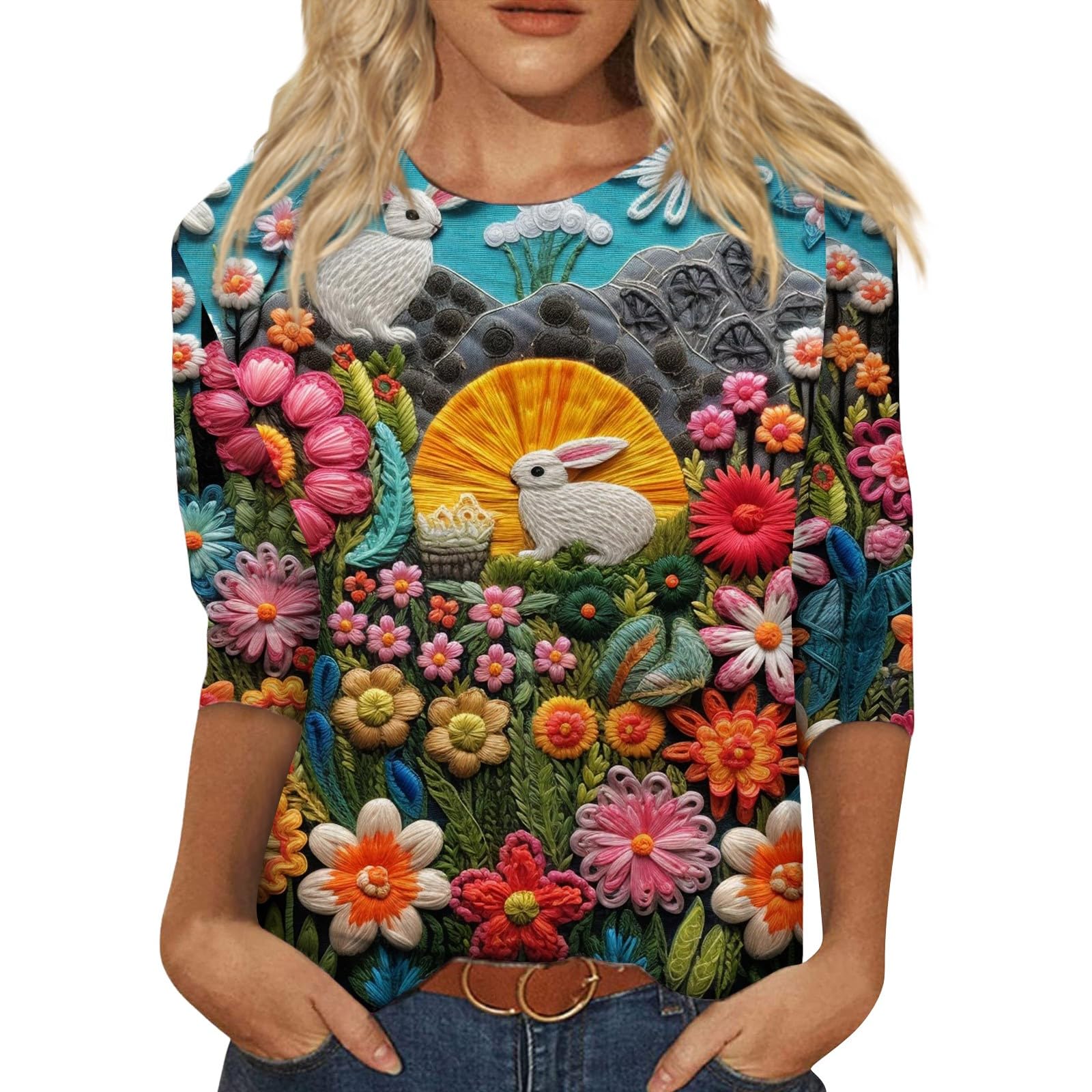 2024 Basysin Easter Bunny Print 3/4 Sleeve T-Shirt for Women - Plus Size Crewneck Loose Blouse - Cute Spring Outfit for Easter Celebrations, Church Events & Family Gatherings