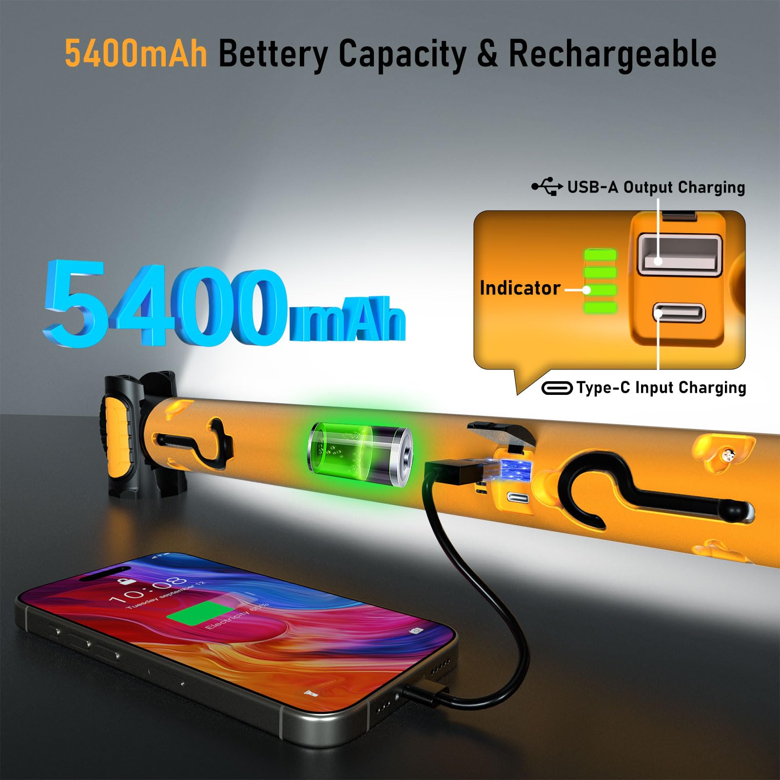 3200LM Rechargeable LED Work Light for Mechanics - 5400mAh Magnetic Light Bar with Hooks, Portable Underhood Light for Car Repair, Garage Workshop & Emergency Use - Perfect Gift for Men (Yellow)