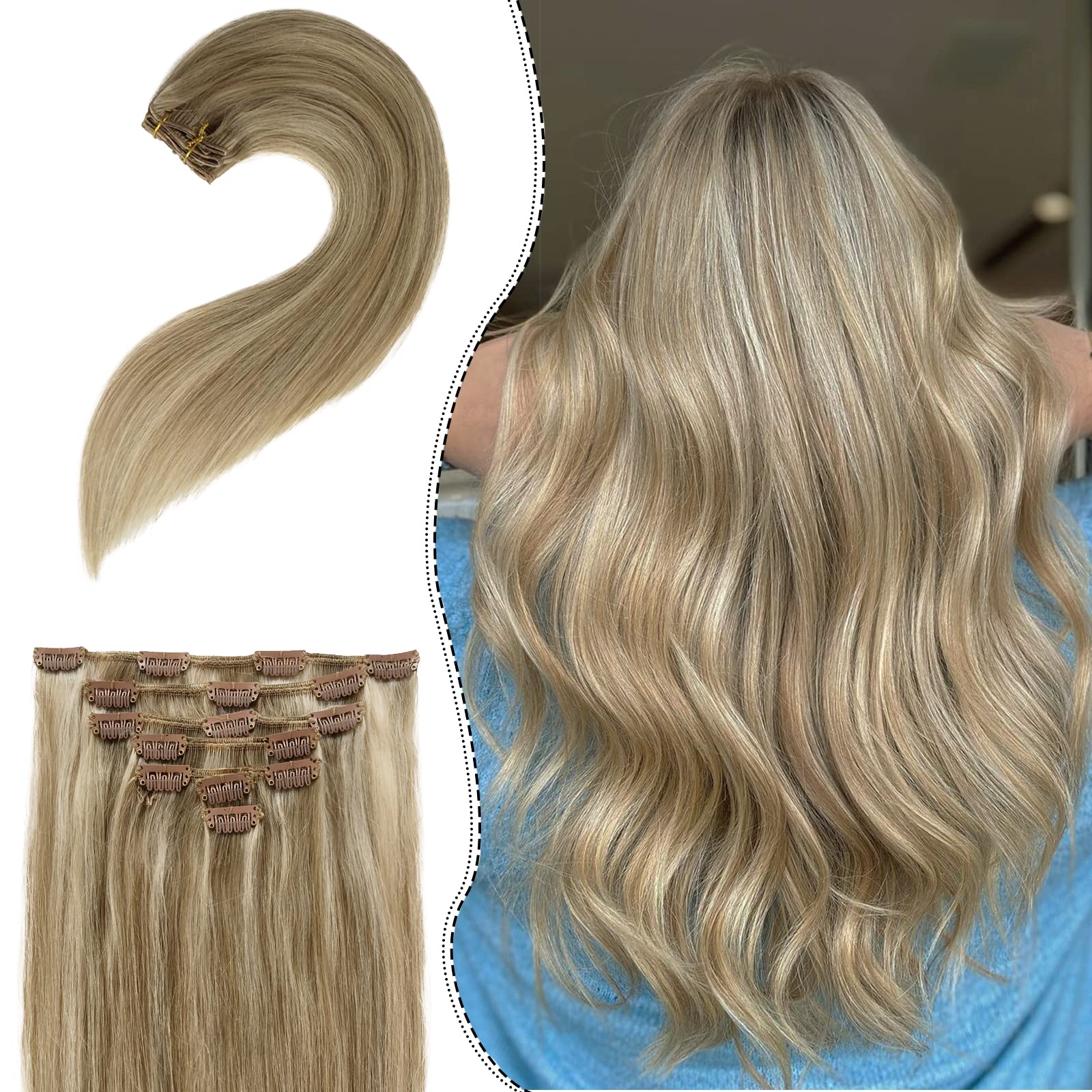 Premium Clip-in Hair Extensions - 22 Inch 7-Piece Blonde Highlighted Remy Human Hair Set (Beige & Platinum Blonde) with Invisible Clips for Natural Volume & Length - Perfect for Parties, Weddings & Daily Styling