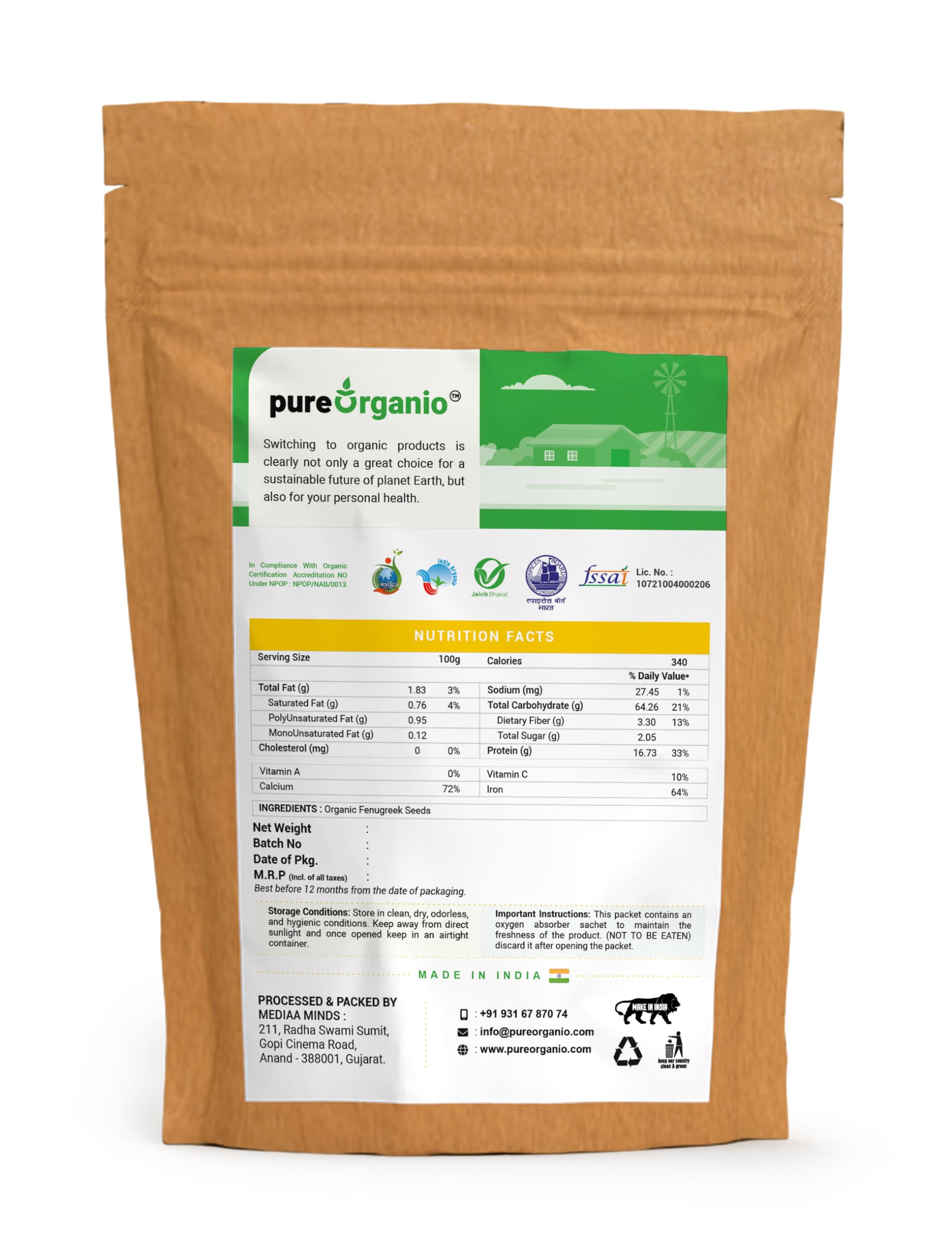 Organic Fenugreek Seeds (Methi Dana) - 350g | Pure Organio | USDA Certified | for Cooking, Tea & Ayurvedic Remedies