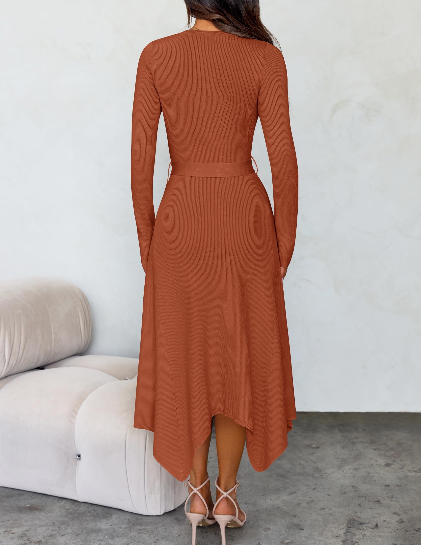 ZESICA Women's 2025 Spring Long Sleeve Ribbed Knit Sweater Dress with Belt - High Waist Midi Length for Casual Outings, Office Wear & Date Nights