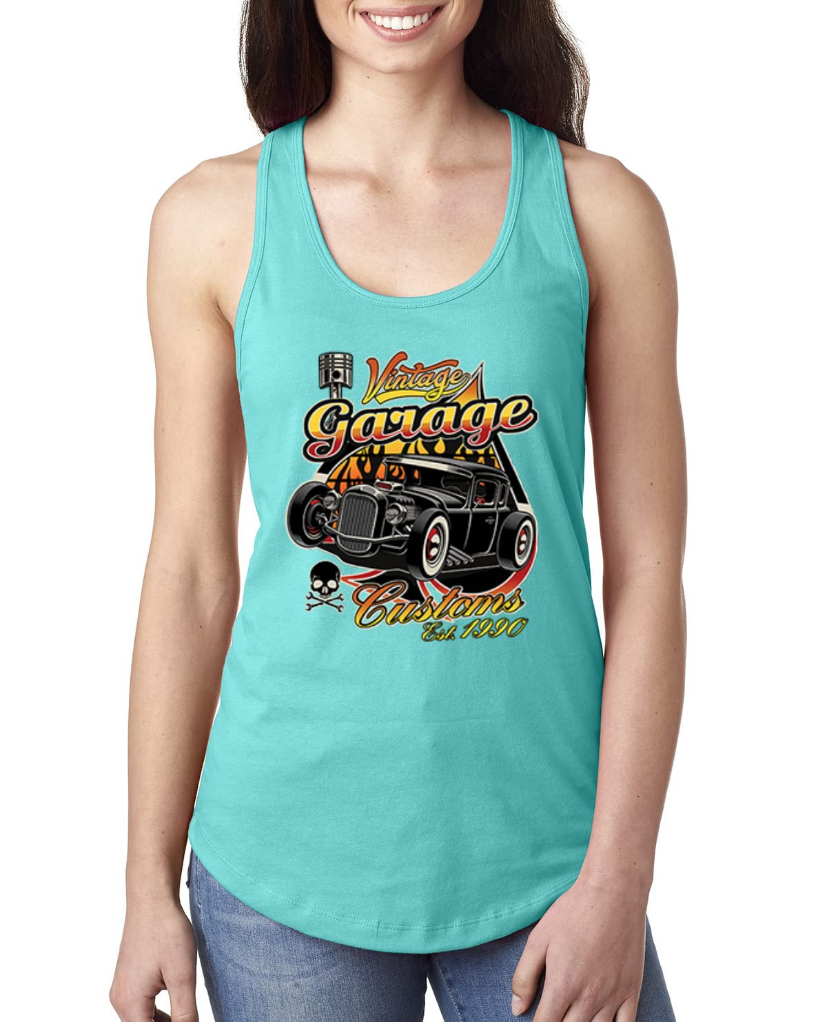 1990s Vintage Garage Customs Hot Rod Classic Car & Truck Racerback Tank Top for Women - Retro Muscle Car Enthusiast Apparel for Car Shows & Casual Wear