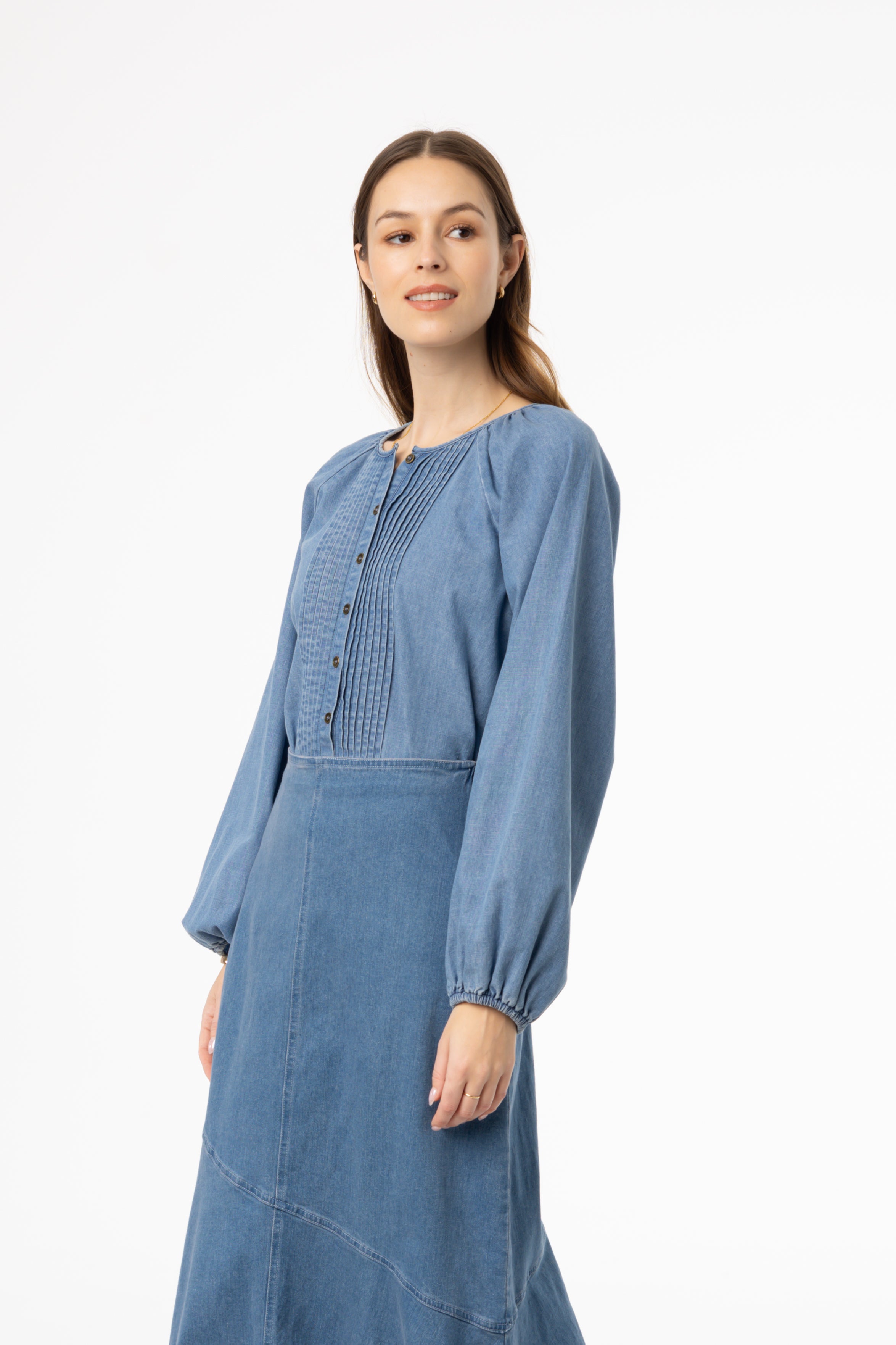 Blue Pintuck Denim Blouse for Women - Stylish Casual Shirt with Button Front & Pintuck Details | Perfect for Office Wear, Date Nights & Weekend Outfits