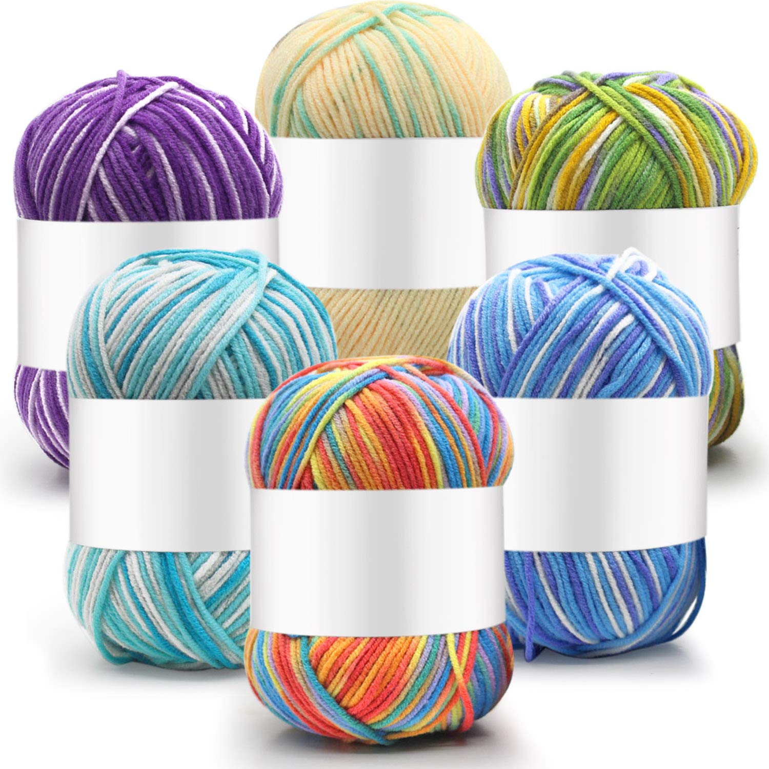 6-Pack 50g Soft Acrylic Crochet Yarn - Multi-Color Knitting Yarn Set (Sky Blue, Lake Blue, Rainbow, Dark Purple, Light Yellow, Green) for DIY Crafts, Baby Blankets & Scarf Making - 4-Ply Weaving Thread