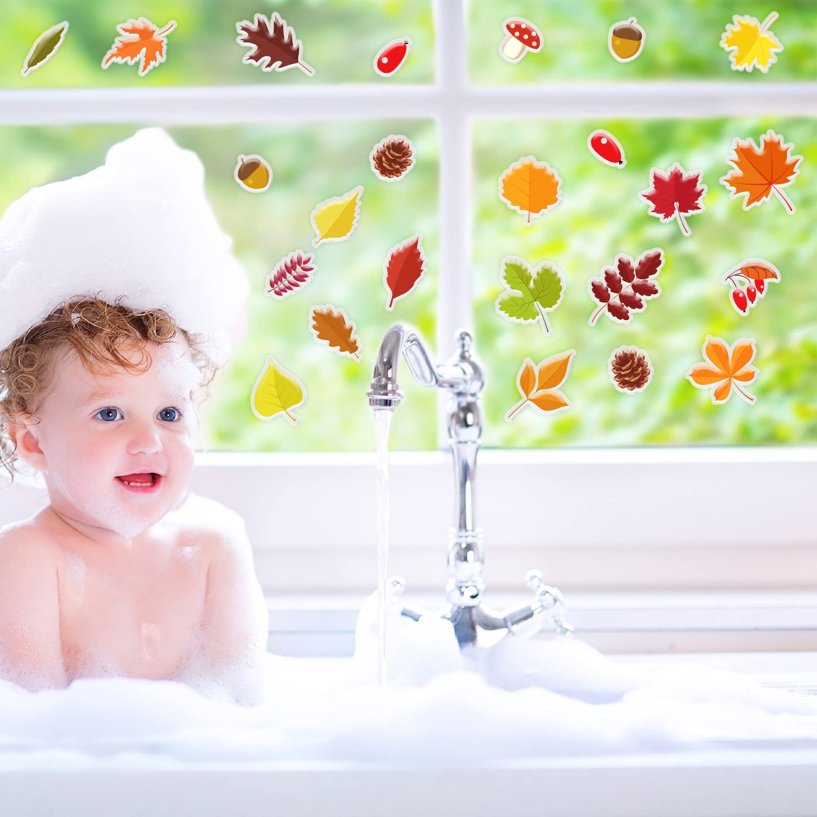 20 PCS Fall Gel Cling Leaves Window Decals - Thick Autumn Leaf Stickers for Kids, Adults, Home & Classroom Decor - Thanksgiving Party Supplies - Removable & Reusable (Perfect for Nursery, Airplane Windows & Seasonal Home Decor)