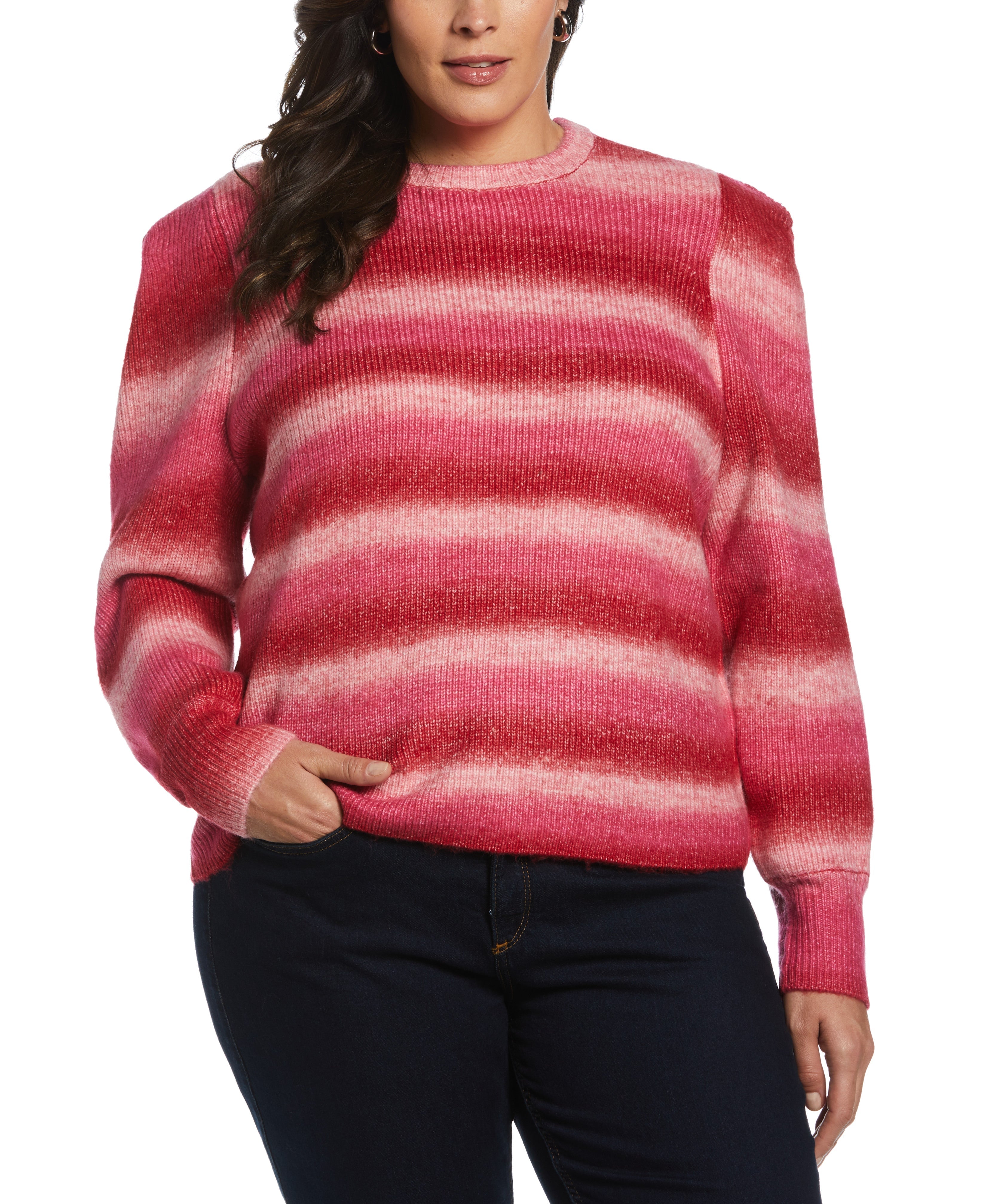 Plus Size Ombre Stripe Puff Sleeve Sweater for Women - Trendy Oversized Knit Pullover for Fall & Winter - Perfect for Casual Outfits, Date Nights and Office Wear