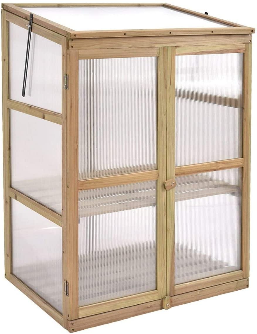 Hysache Portable Wooden Greenhouse Cold Frame - Garden Flower Planter with Openable Top & Side Doors, Removable Shelf & Hinges - Raised Bed for Outdoor Gardening, Balcony, Porch, Backyard - Perfect for Seed Starting, Plant Protection & Year-Round Growing