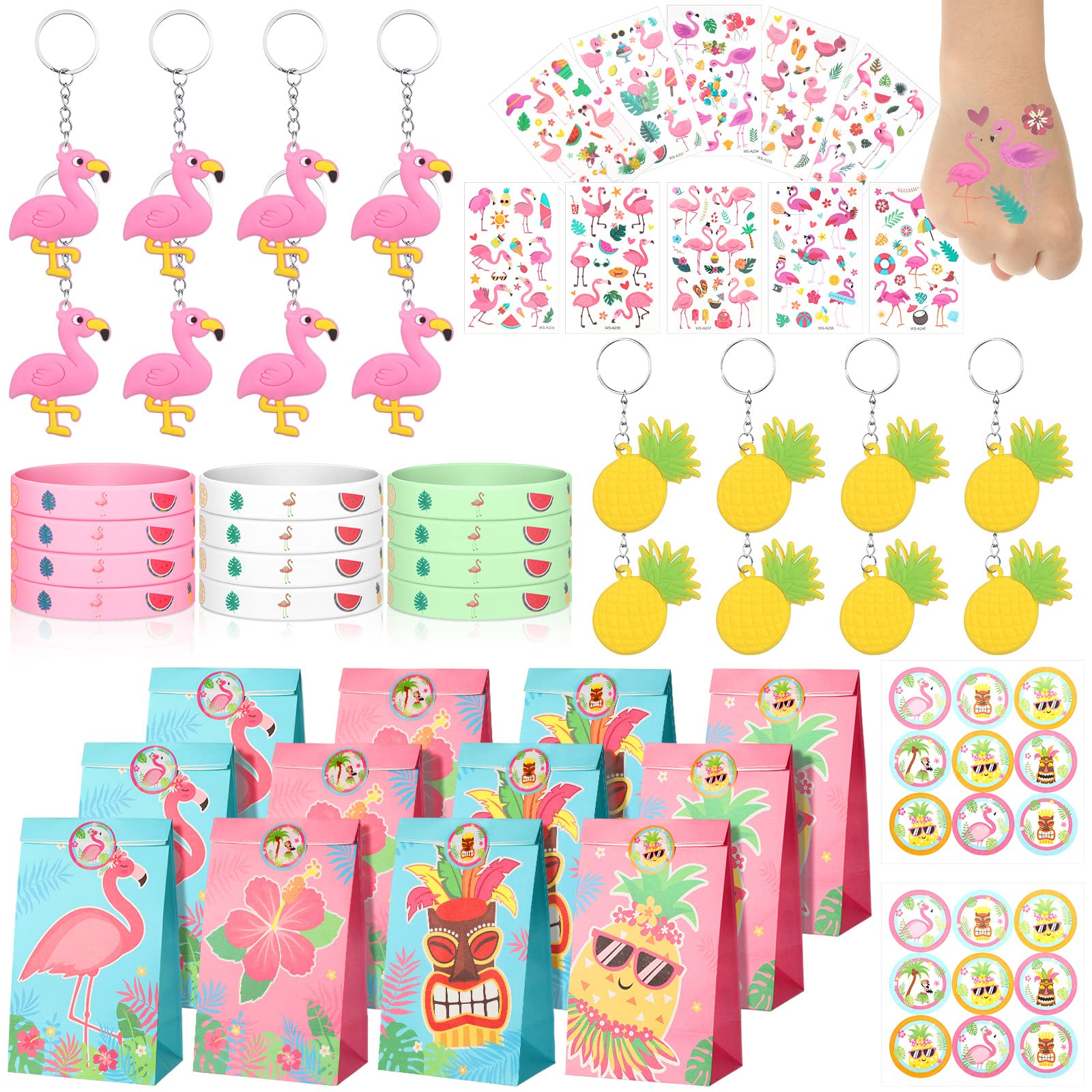 52-Pack Flamingo Party Favors Set - Candy Bags, Seal Stickers, Pineapple Keychains, Temporary Tattoos & Silicone Wristbands - Tropical Themed Birthday Party Supplies for Pool Parties, Baby Showers & Summer Events