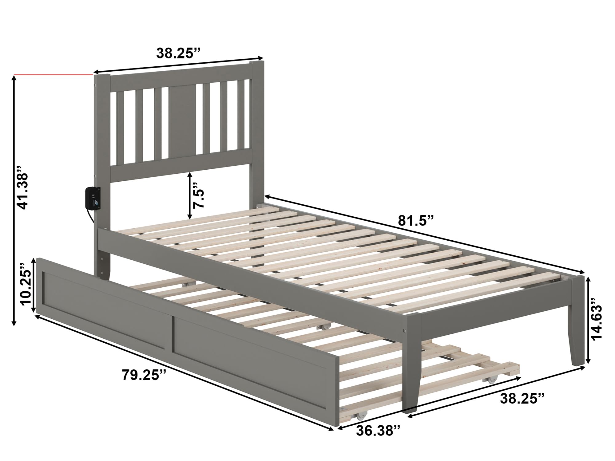 AFI Tahoe Twin XL Platform Bed with Twin XL Trundle & USB Charger - Space-Saving Grey Wooden Bed Frame for Small Rooms, Guest Bedrooms & Dorm Rooms