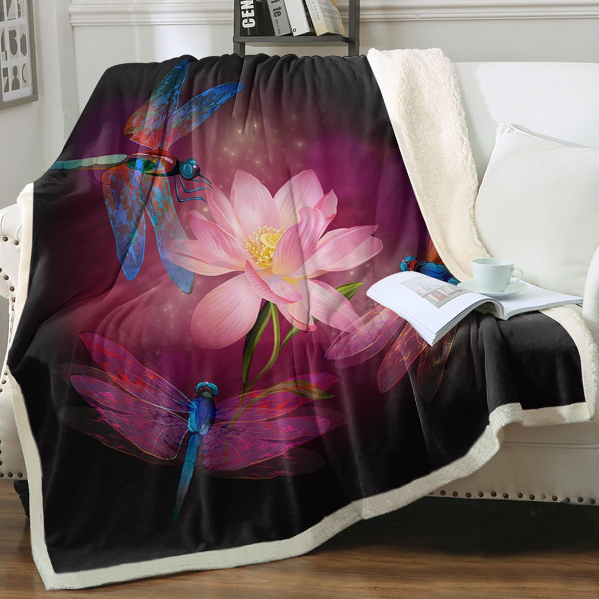 Sleepwish Dragonfly Fleece Throw Blanket for Kids & Adults - Soft Sherpa Blanket with Lotus Blossom Dragonfly Design - 60