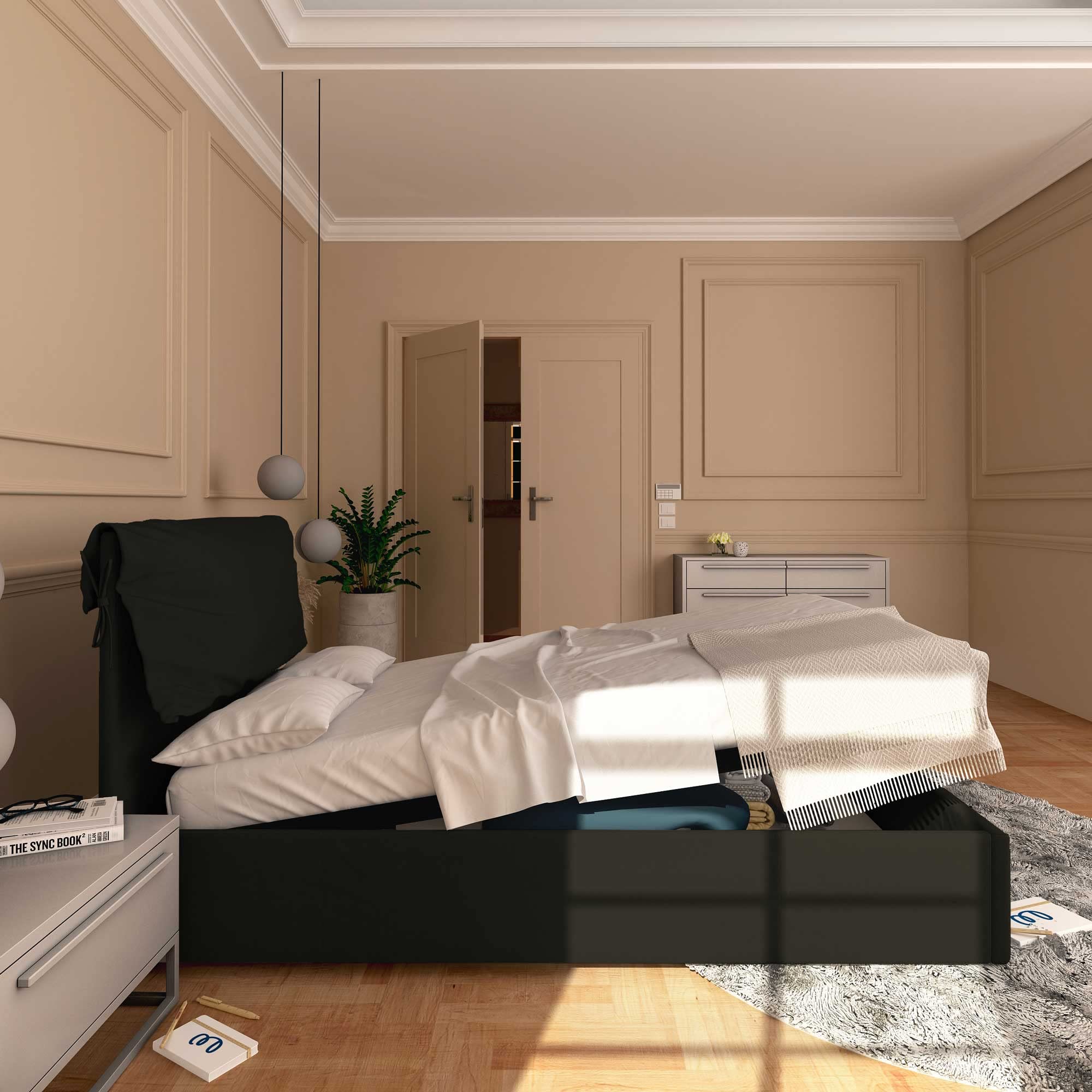 Baldiflex Single Bed with Storage - Licia Soft Synthetic Leather Upholstery, Slatted Base for Single Mattress, 120 x 200 cm, Padded Headboard, Black - Perfect for Small Bedrooms, Guest Rooms & Studio Apartments