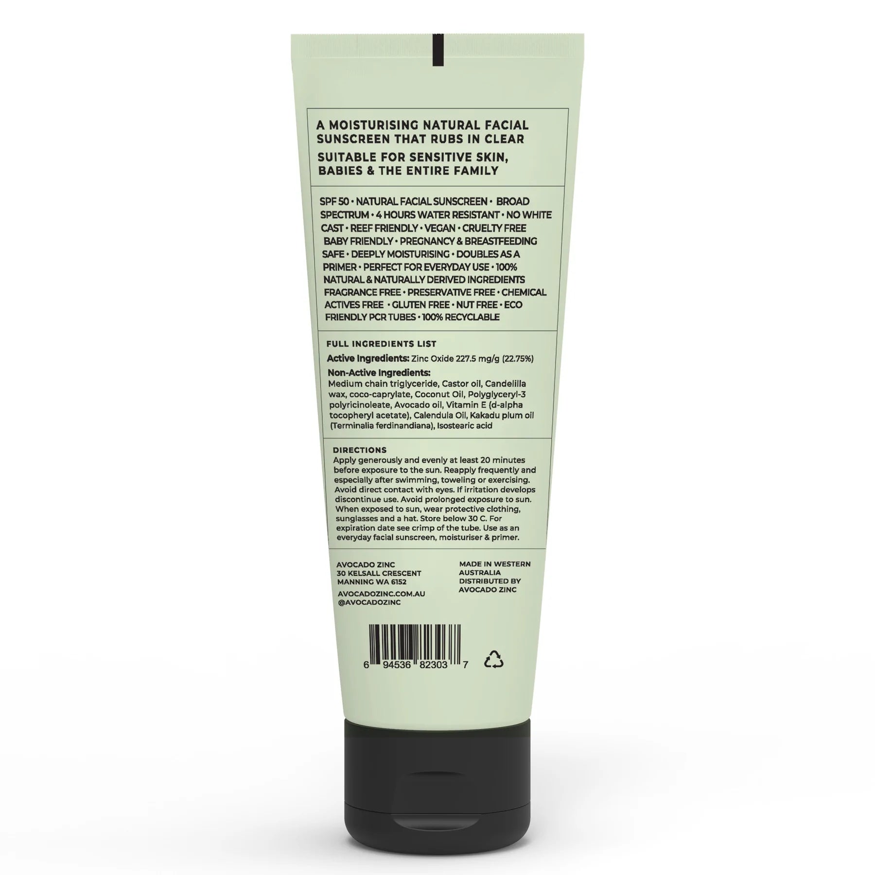 Avocado Zinc SPF50 Natural Physical Sunscreen - Broad Spectrum Face & Body Sun Protection for Sensitive Skin - Perfect for Beach, Swimming & Outdoor Activities