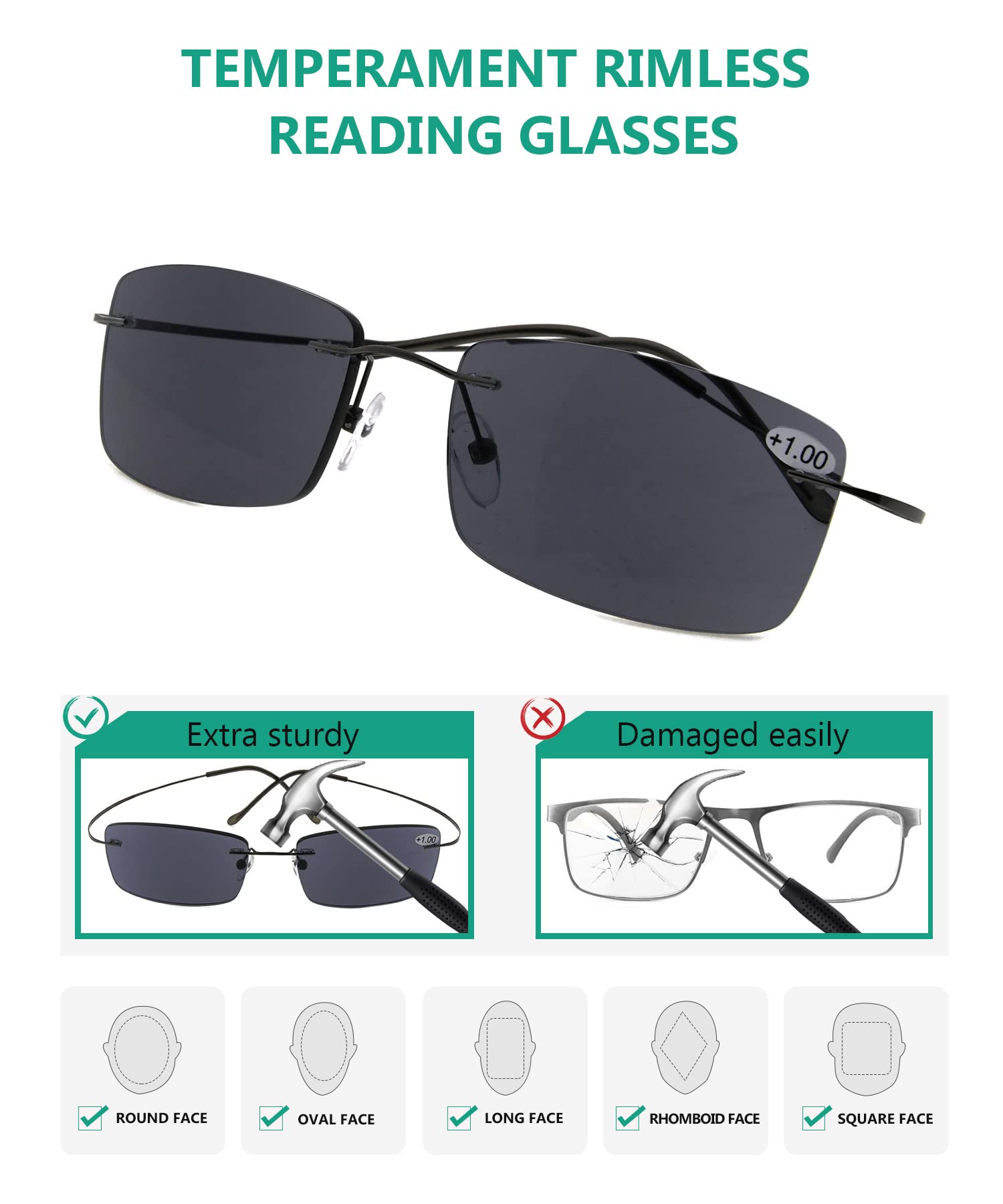 Titanium Rimless Reading Sunglasses for Men +1.75 Strength - Lightweight UV Protection Eyeglasses for Outdoor Activities, Driving & Reading in Sunshine