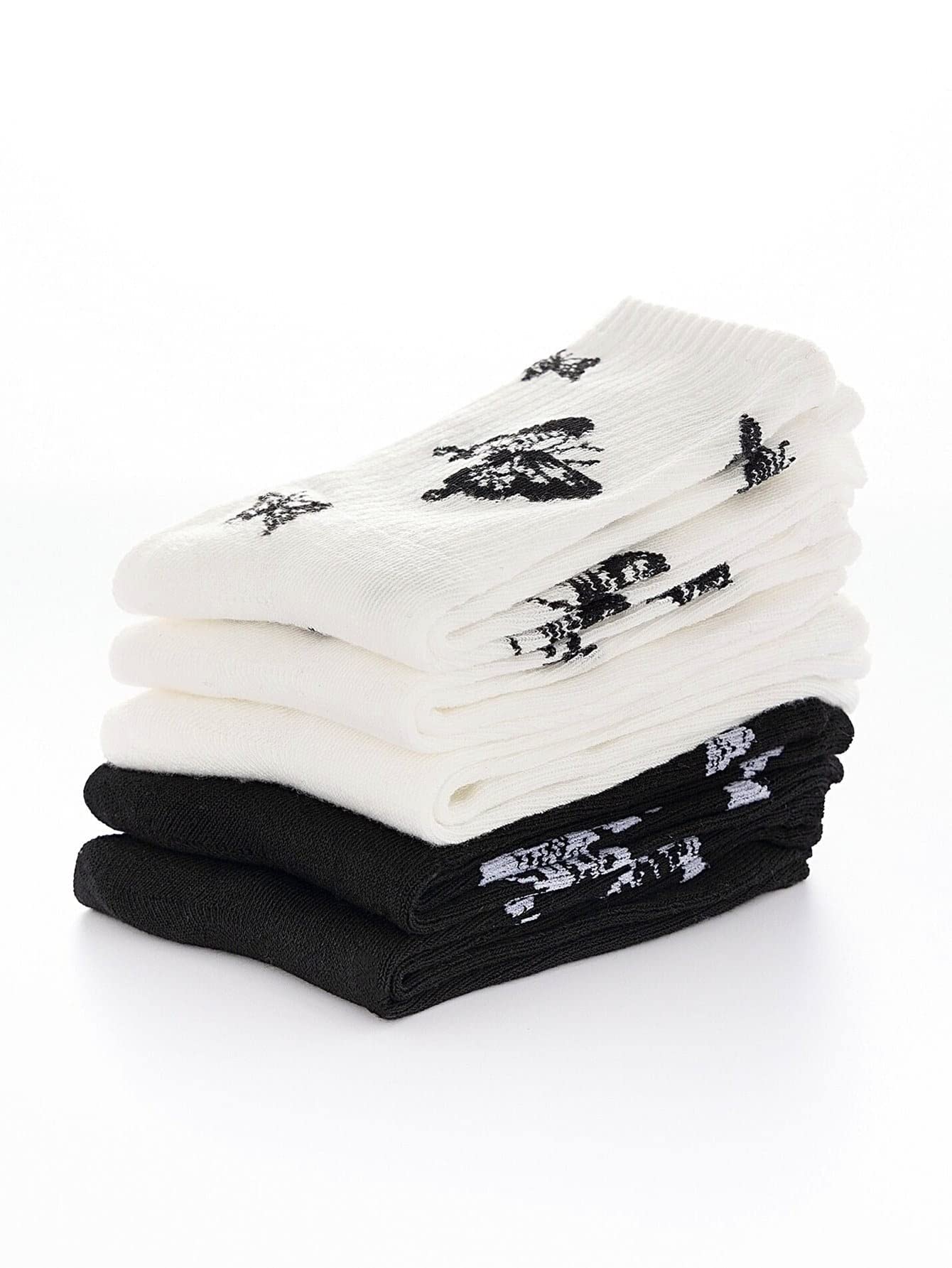 WDIRARA Women's 5 Pairs Butterfly Print Crew Socks - Soft Knit Cotton Ankle Socks for Casual Wear, Gym, Workout & Daily Comfort