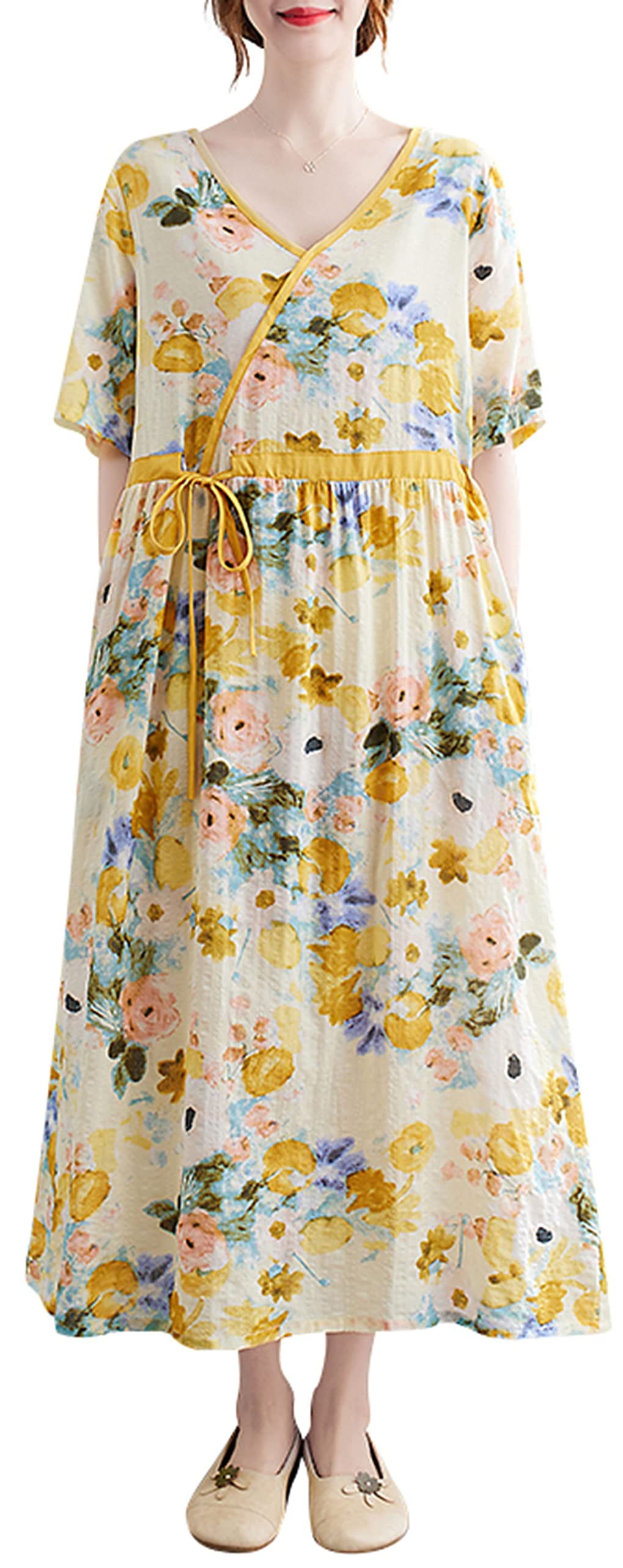 Boho Floral Linen Dress for Women - Loose Fit Casual Midi Dress with 1/2 Sleeves & Elastic Waist | Perfect for Summer Vacations, Beach Outings and Boho Chic Style
