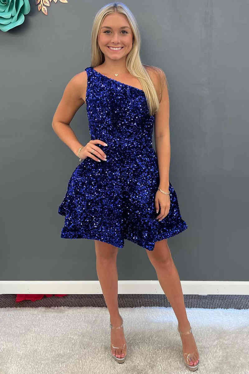 Royal Blue Sequin One Shoulder Short Prom Dress for Homecoming - Elegant Party & Formal Dance Outfit