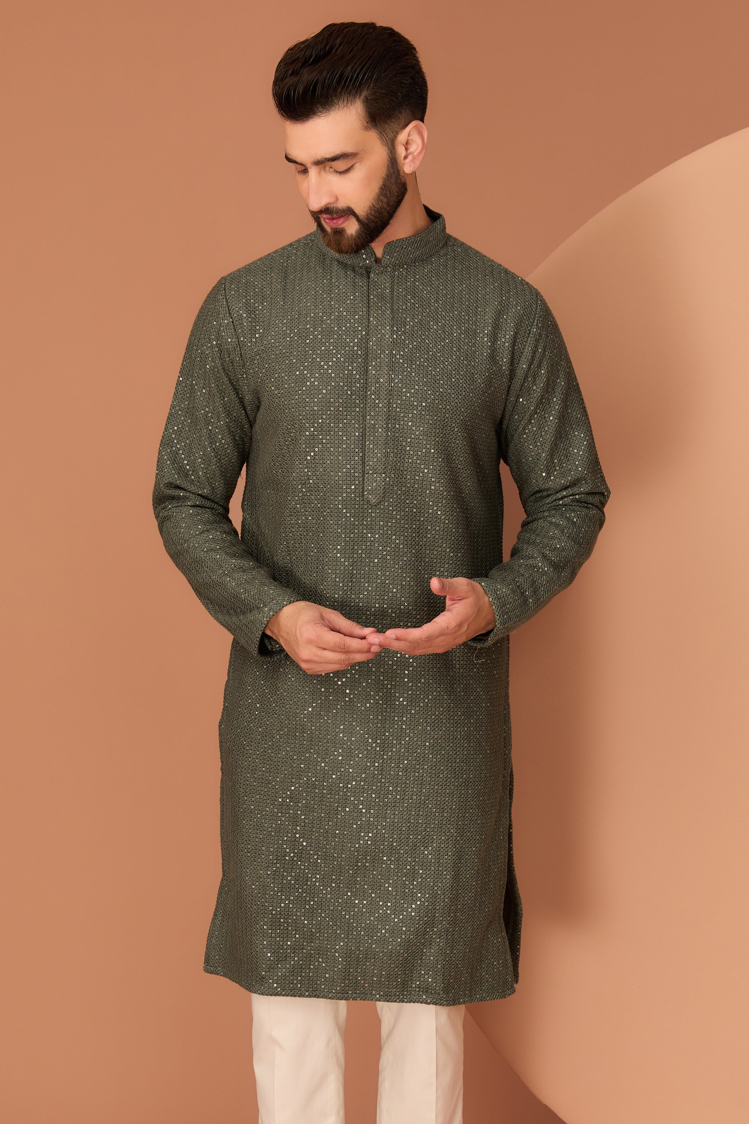 Elegant Military Green Chikankari Kurta with Heavy Thread & Sequins Embroidery - Perfect for Festivals, Weddings & Ethnic Occasions