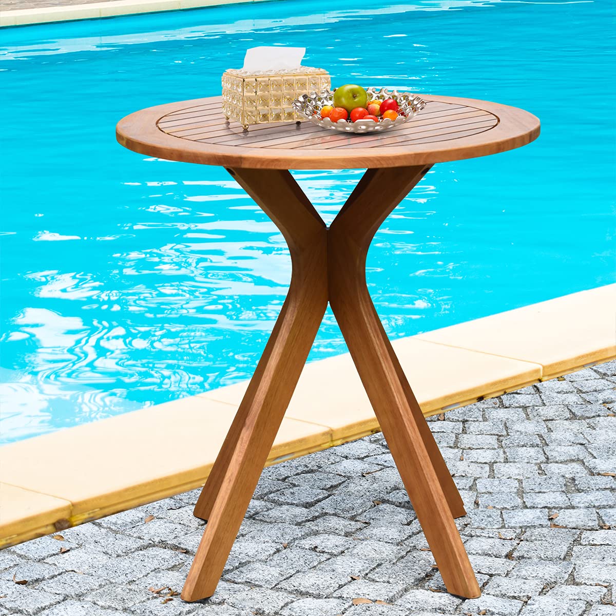 Wooden Round Patio Bistro Table with X-Shaped Base - Indoor/Outdoor Side Table for Coffee, Garden, Backyard & Living Room | Durable Teak Furniture for Relaxing & Entertaining
