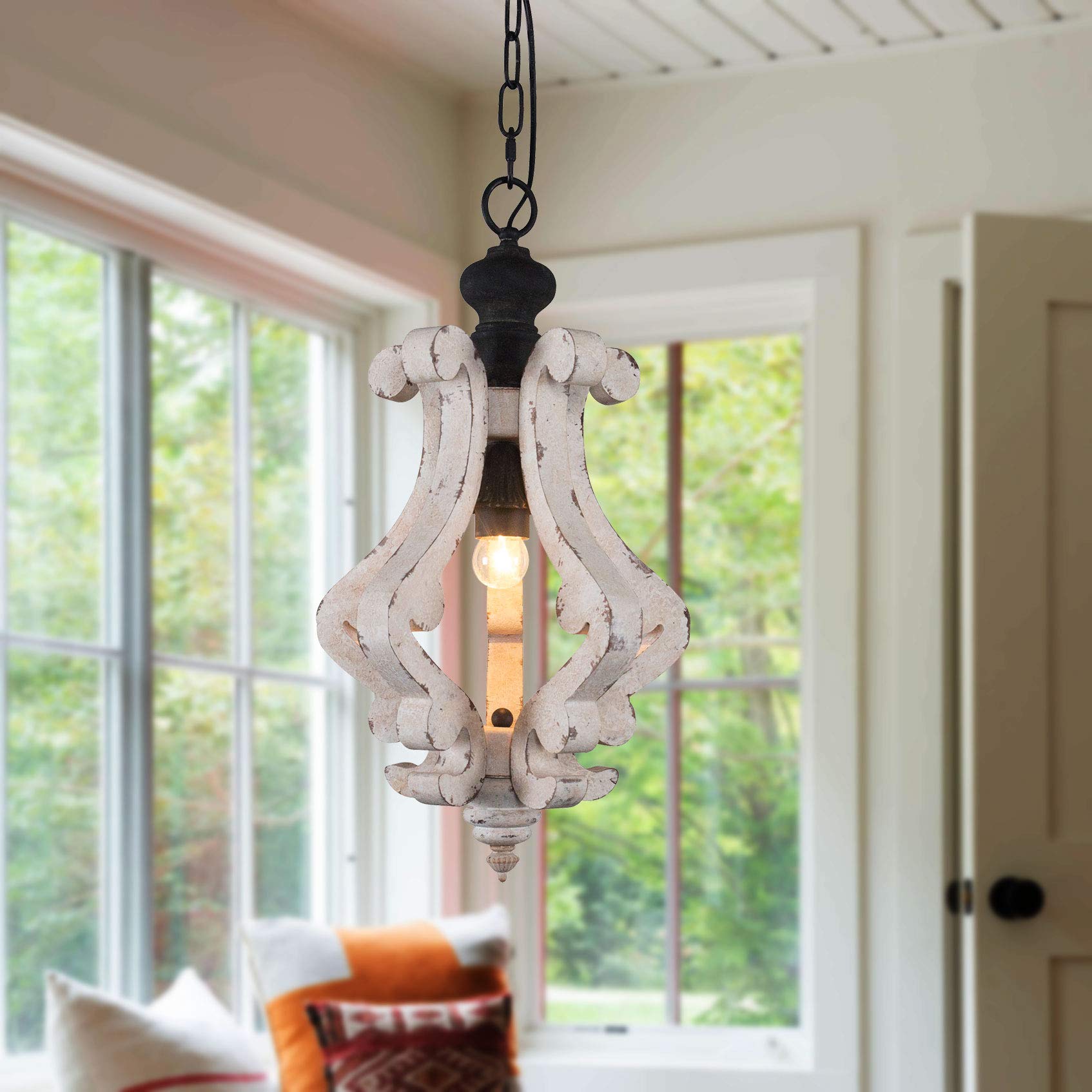 Distressed White Wood Pendant Light - Farmhouse Style 1-Light Metal Chandelier for Living Room, Dining Room, Bedroom, Kitchen, Foyer & Hallway | Rustic Home Decor Lighting Fixture for Cozy Indoor Spaces