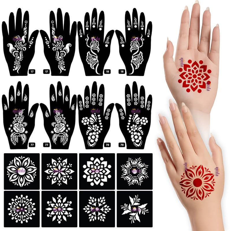 Apcute 18-Piece Henna Tattoo Stencil Kit - Temporary Mehndi Stickers for Women, Men, Girls & Kids - Easy DIY Body Art Designs for Parties, Weddings & Festivals (18PC-17-18-77-78)