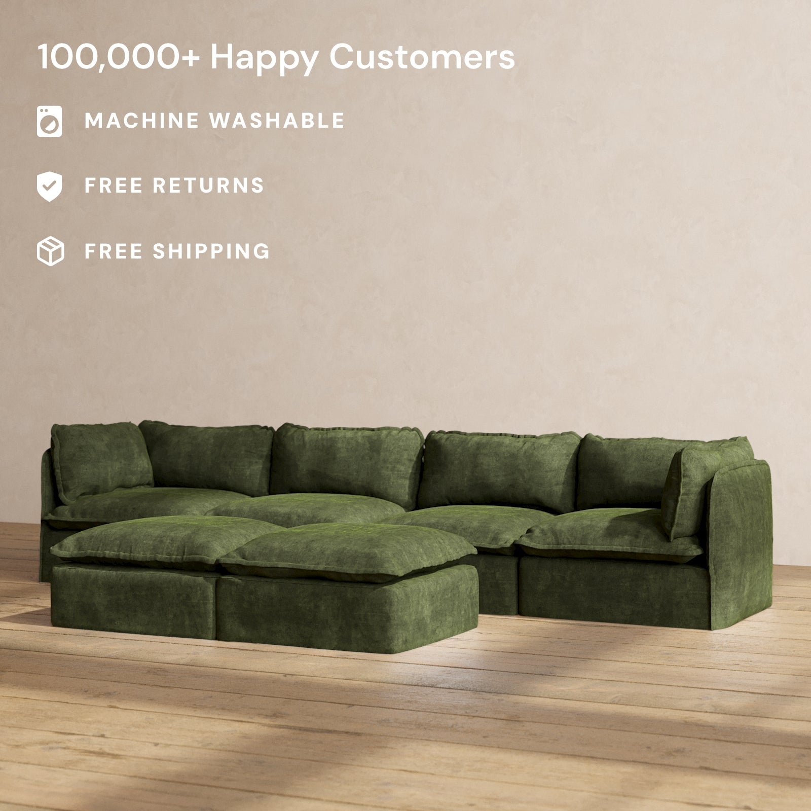 Modular Performance 4-Seater Sofa with Bench Ottoman in Olive Green | Modern Sectional Couch for Living Room | Perfect for Family Gatherings and Movie Nights