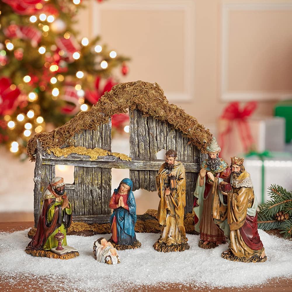 Kurt Adler 6-Inch Resin Nativity Set of 7 Pieces - Christmas Home Decor, Holiday Tabletop Display, Religious Figurines for Mantel & Shelf Decoration