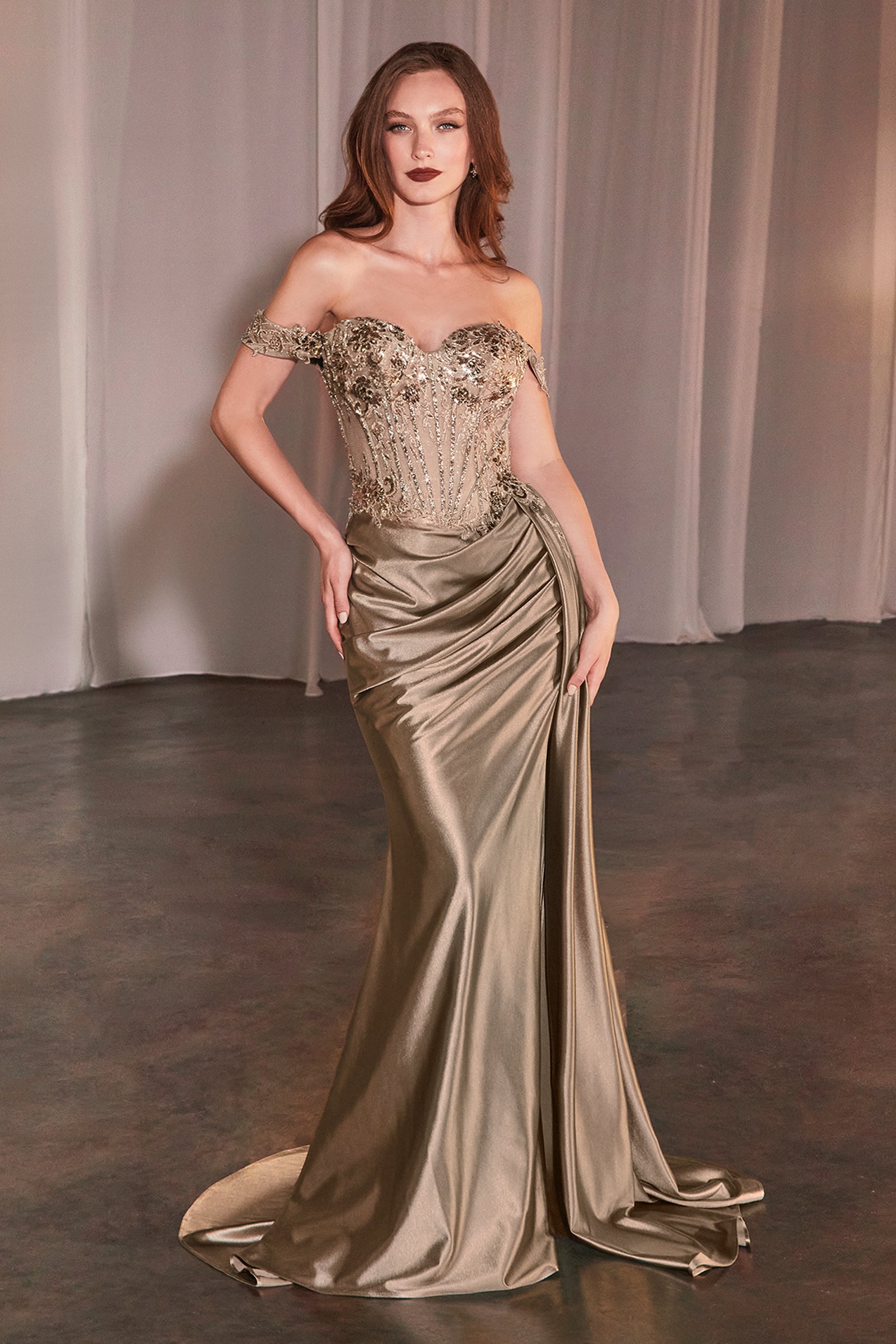 Hailee Off Shoulder Lace & Satin Fitted Evening Gown - Elegant Formal Dress for Prom, Wedding & Special Occasions