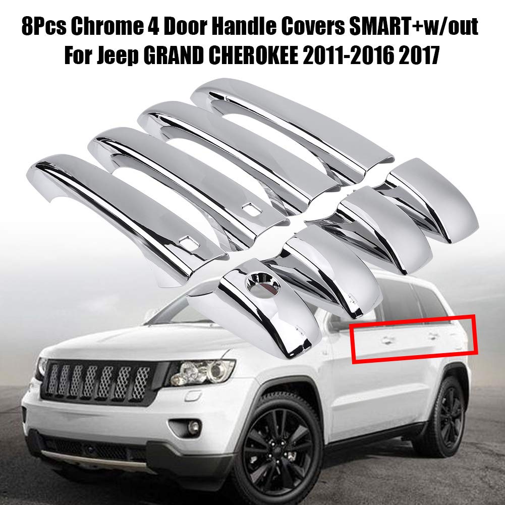 8PCS Chrome Door Handle Covers for Jeep Grand Cherokee 2011-2017 - Exterior Handle Protectors & Smart Key Access Compatible - Perfect for Car Detailing, Vehicle Protection & Style Upgrade