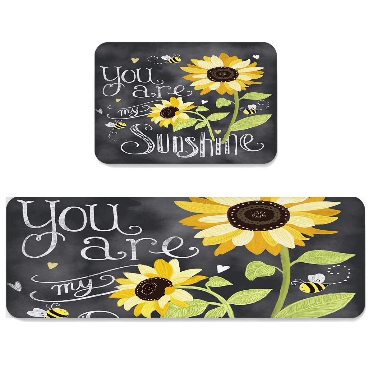 Anti-Fatigue Kitchen Rugs and Mats Set - 2 Piece Non-Slip Waterproof Cushioned Floor Mats with Sunflower Design, Soft Comfort for Standing - Perfect for Kitchens, Laundry Rooms & High-Traffic Areas - 'You Are My Sunshine' Theme