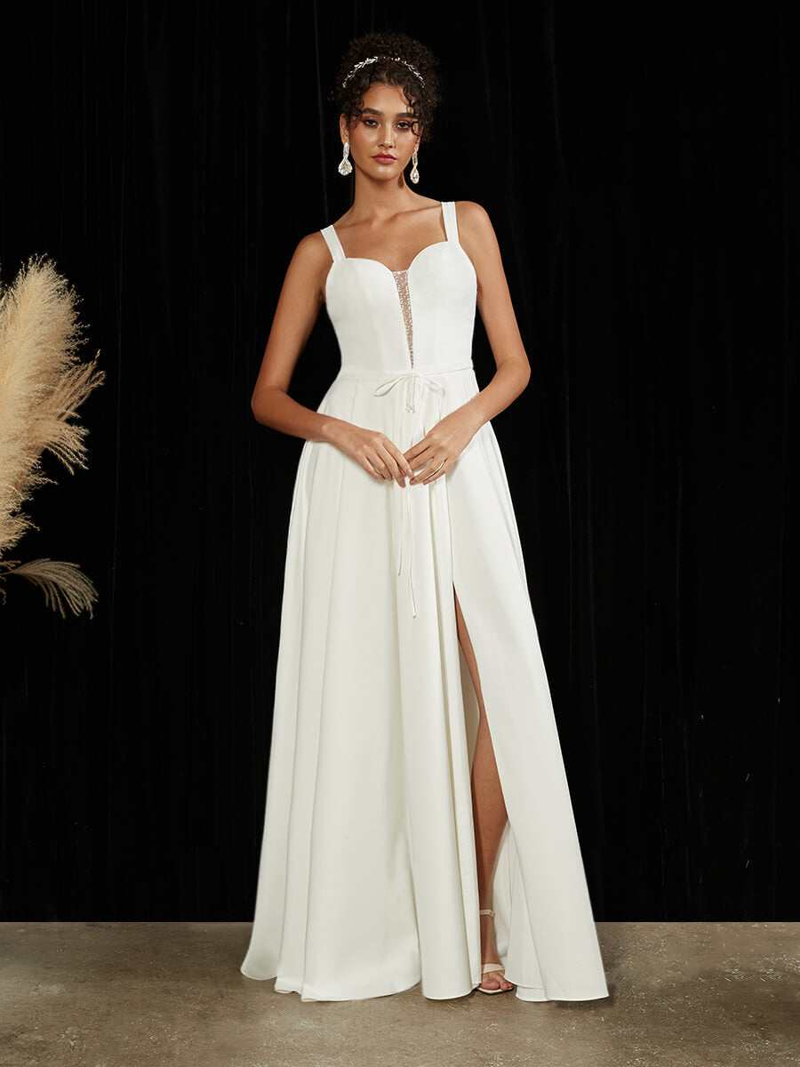Elegant Diamond White Double FDY Sheer V-Neck A-Line Floor-Length Wedding Dress for Brides - Perfect for Church Ceremonies, Beach Weddings & Formal Receptions