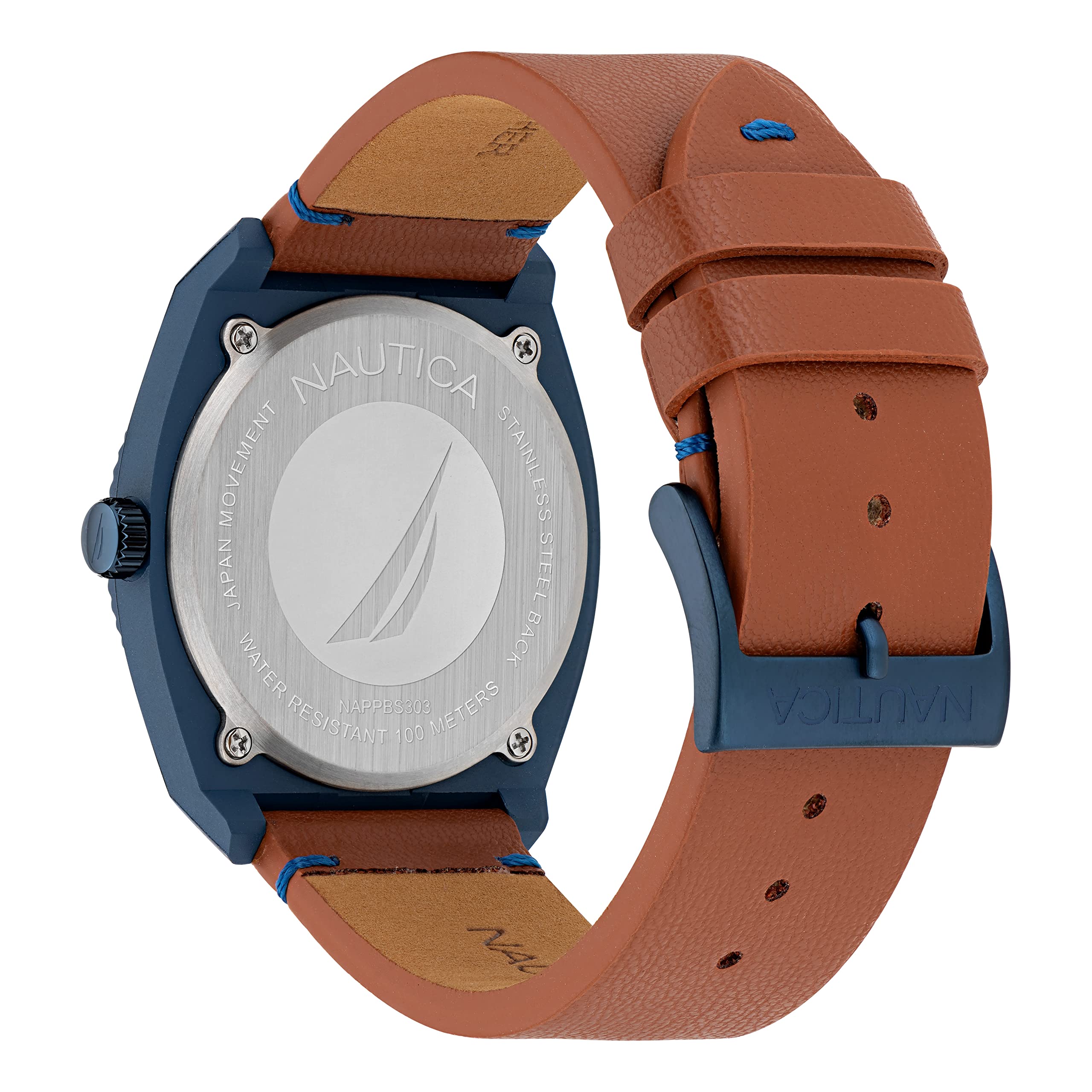 Nautica Men's Pacific Beach Brown Apple Grain Leather Strap Watch - Water Resistant Casual & Dress Timepiece for Everyday Wear, Office, and Outdoor Activities