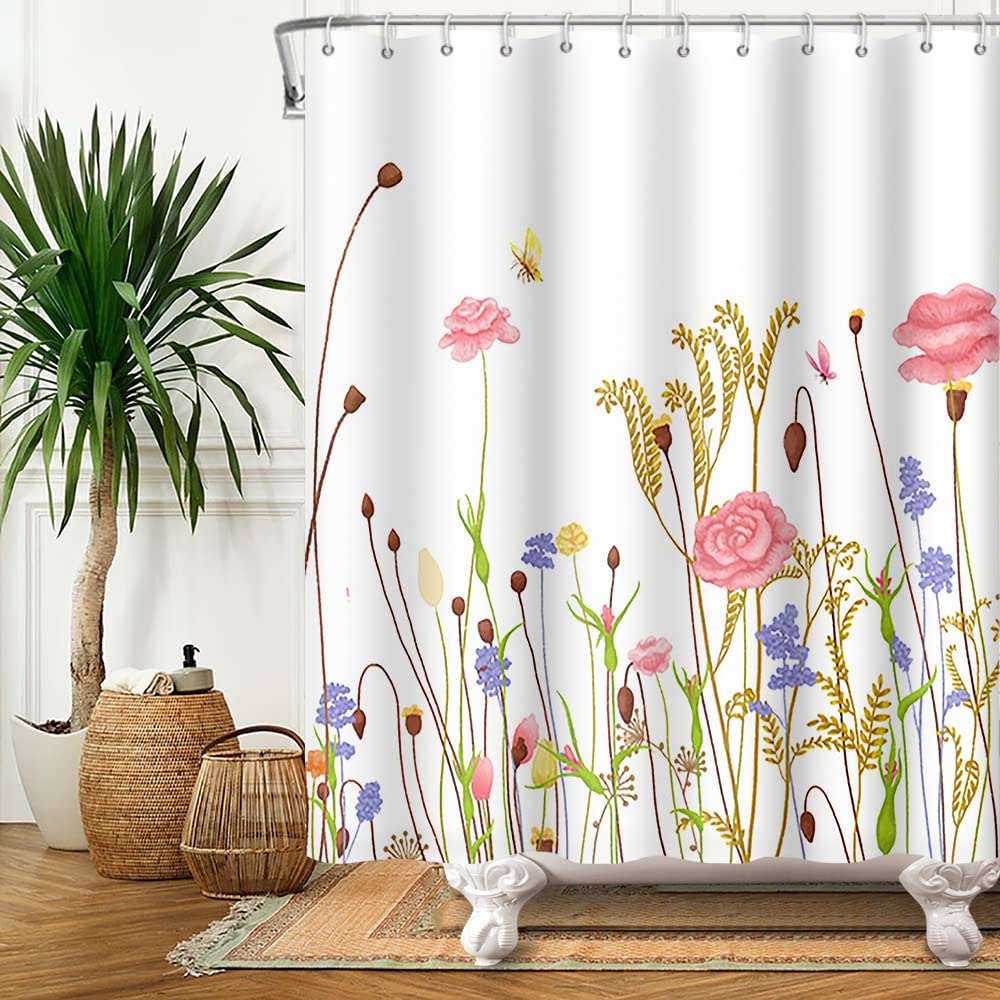 Floral Butterfly Watercolor Shower Curtain - Spring Garden Flowers Design with Hooks - 71x71 Inch Polyester Bathroom Decor for Modern & Vintage Style Homes - Perfect for Spa-Like Showers and Nature-Inspired Bathrooms