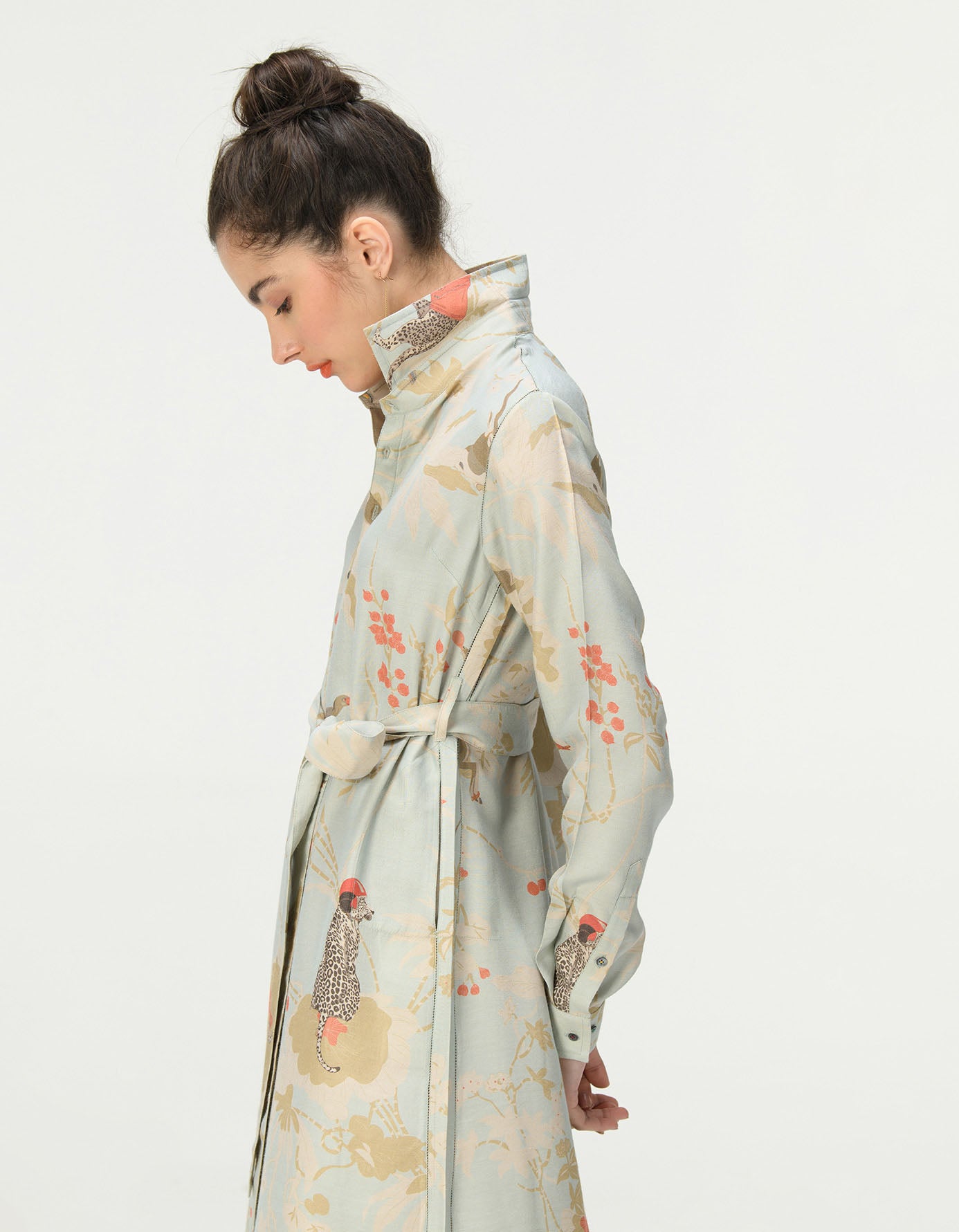 Elegant Tie Belt Shirt Dress in Muga Satin - Ice Blue | Women's Casual & Office Wear | Perfect for Spring Outfits, Work Attire and Special Occasions