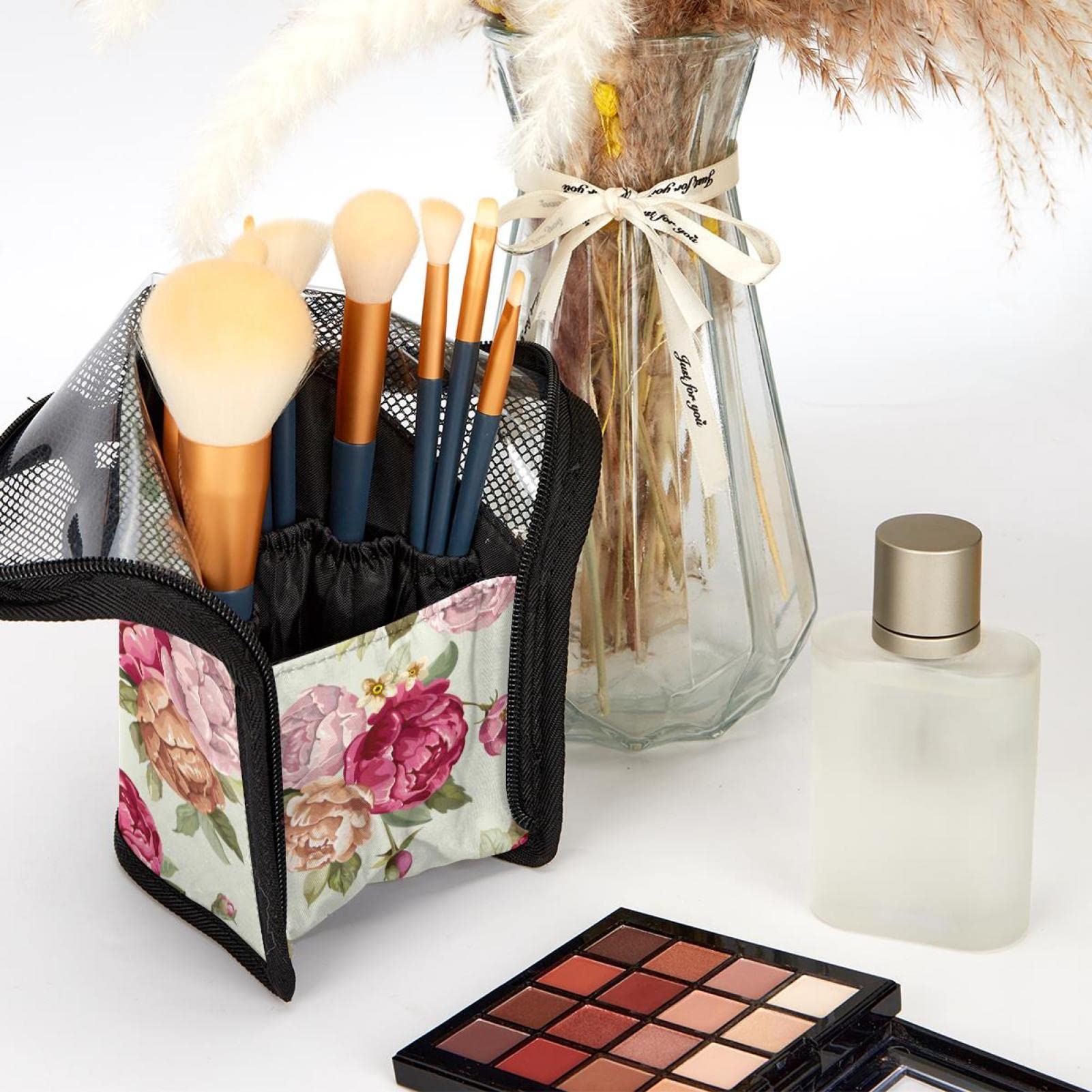 Floral Rose Makeup Brush Organizer Bag with 12 Brushes - Portable Waterproof Cosmetic Brush Holder Case for Travel, Home & Professional Makeup Artists