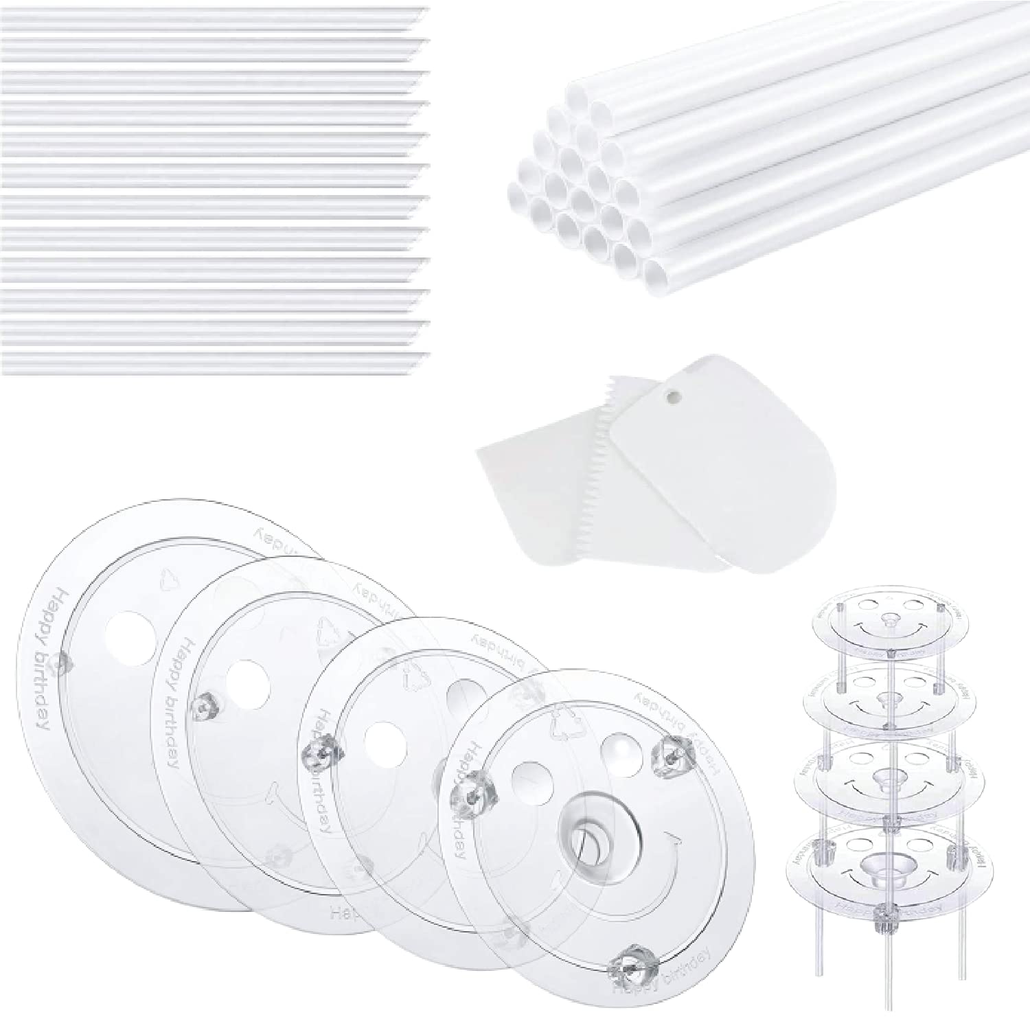 Glanly 4-Piece Clear Plastic Cake Stand Set with 20 White Support Rods - Sturdy Tiered Cake Separator Plates for 4,6,8,10 Inch Cakes - Perfect for Wedding, Birthday Party & Dessert Table Displays