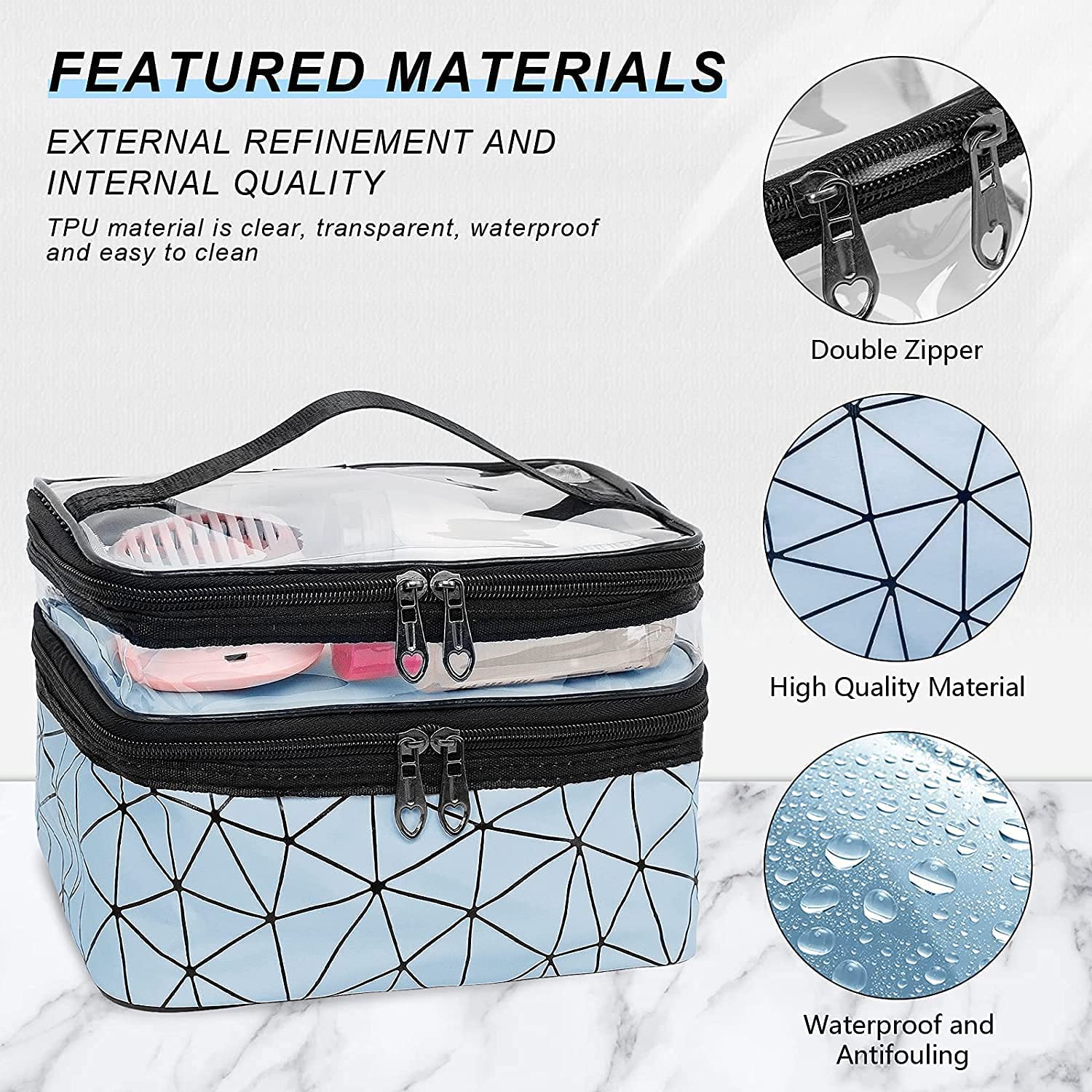BluBasket Double Layer Large Makeup Bag for Women - Travel Cosmetic Organizer Pouch with Brush Holder, Toiletry Bag for Girls (Blue) | Perfect for Travel, Gym, and Daily Makeup Storage